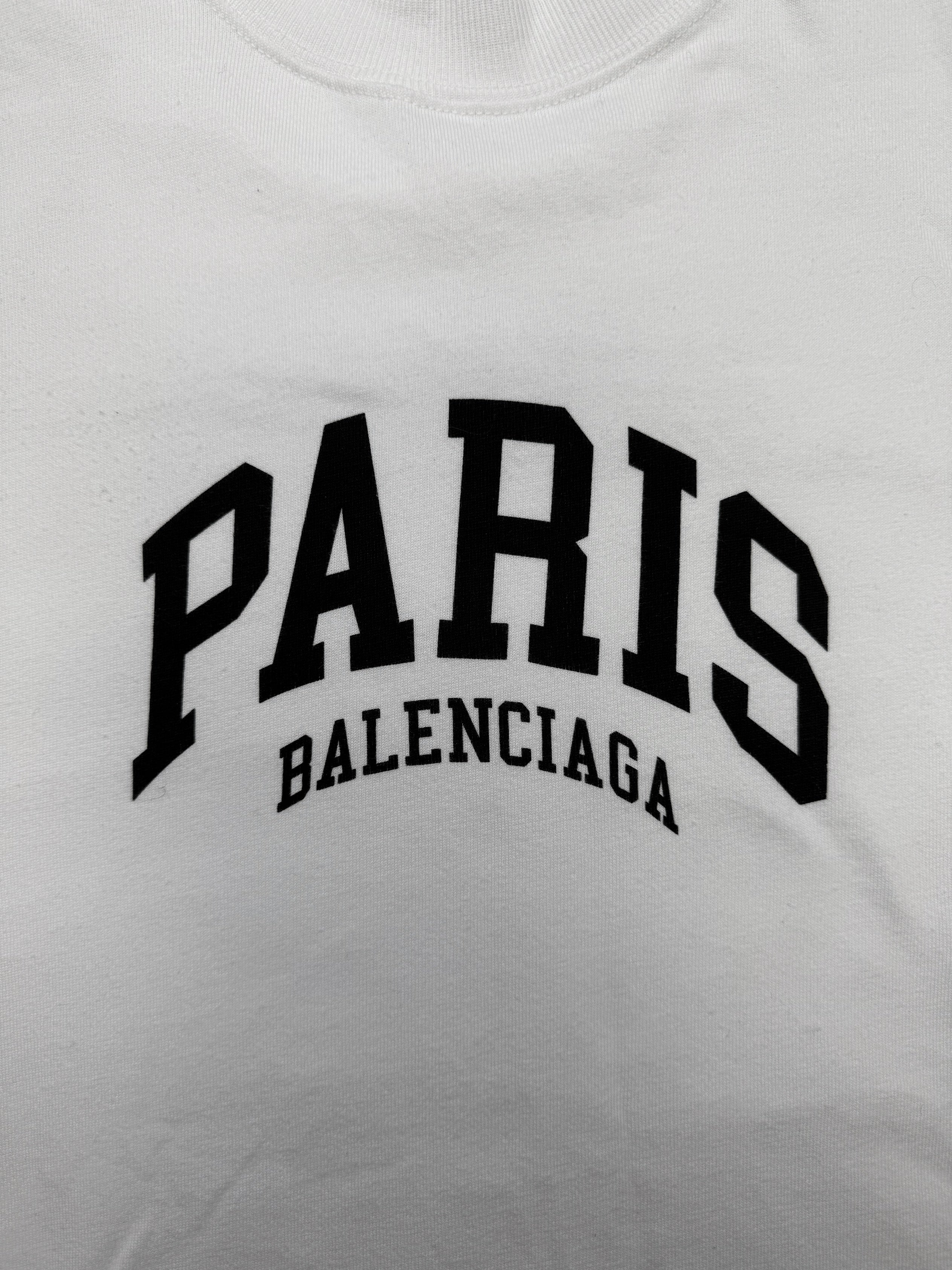 AW21 Balenciaga ‘Paris’ Collegiate Logo White Cropped T-Shirt