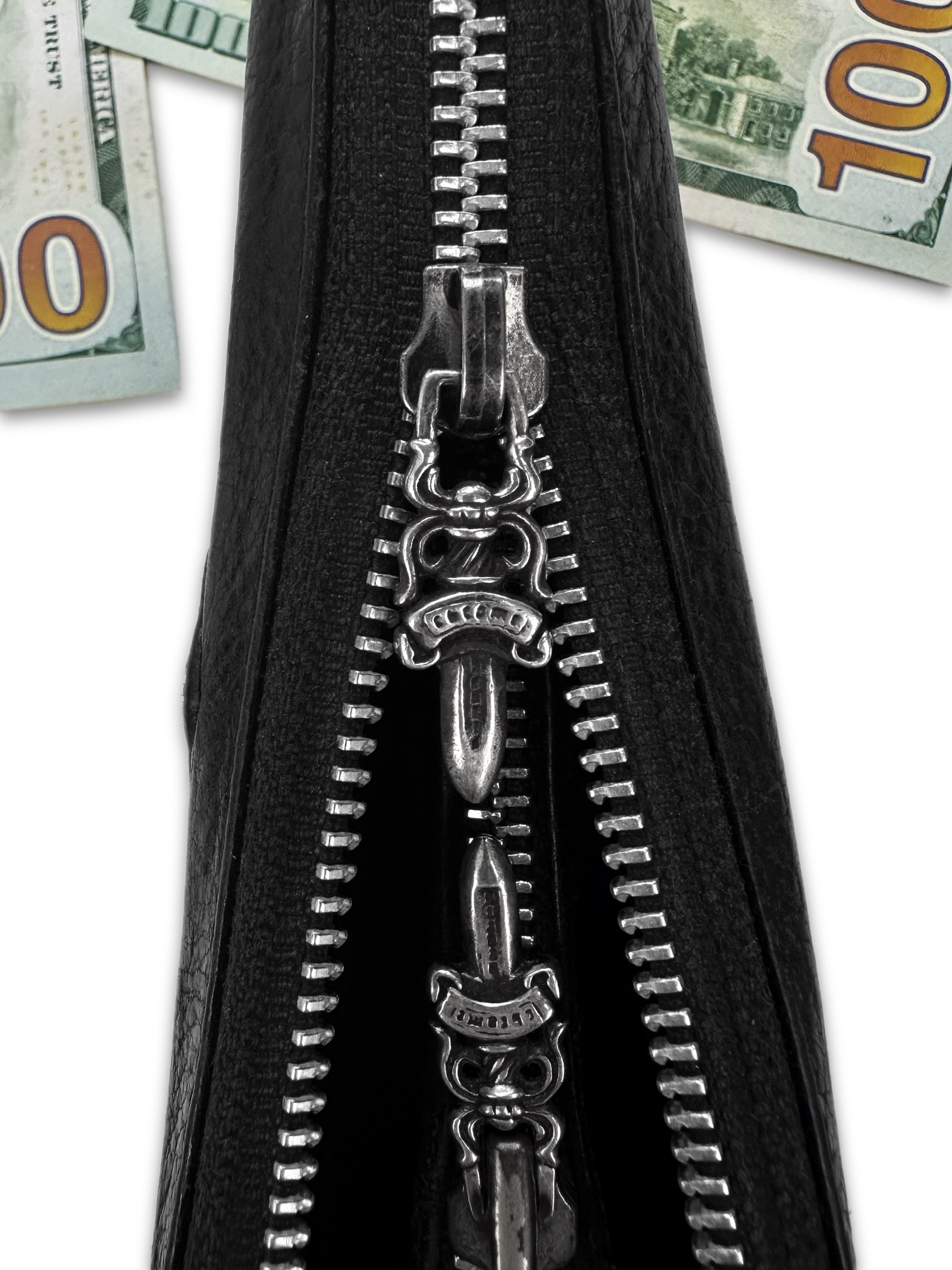 00s Chrome Hearts ‘Triple Cross’ Motif .925 Silver Black Leather Long Wallet