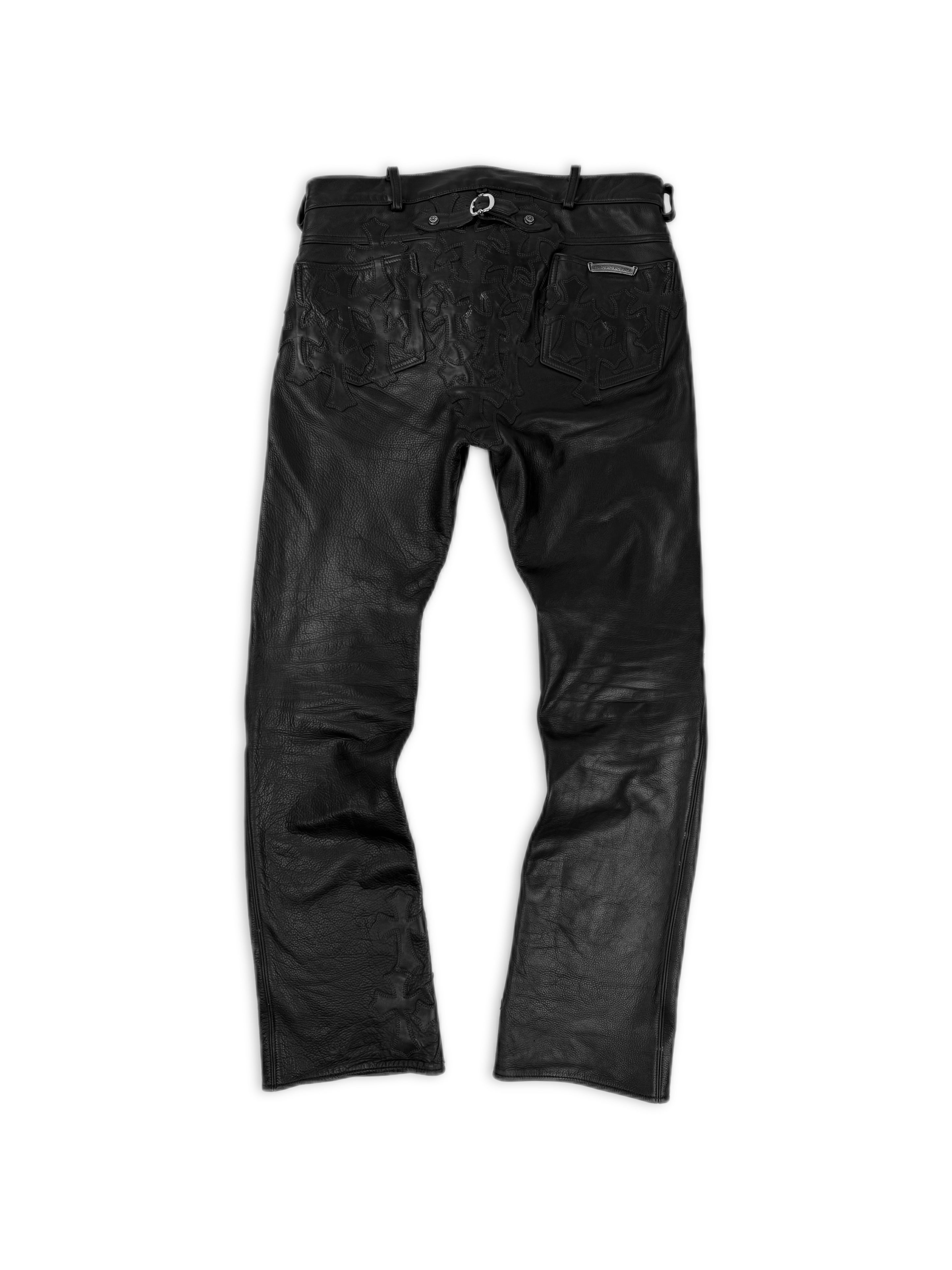 Chrome Hearts 30 Cross Patch Back Buckle Gunslinger Leather Fleur Knee Pants