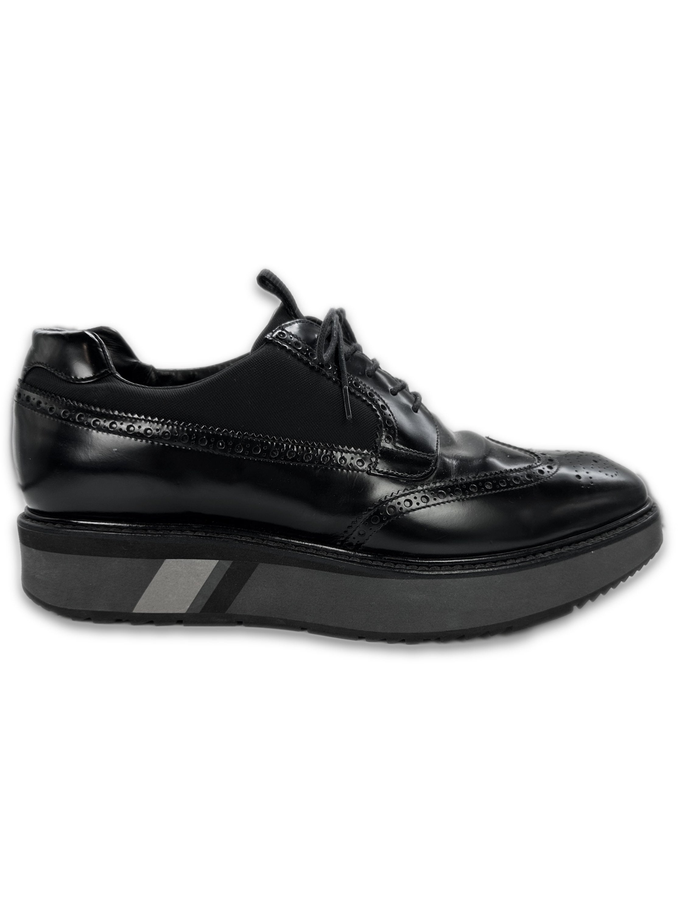 Prada Black Leather Striped Platform Brouge Loafers