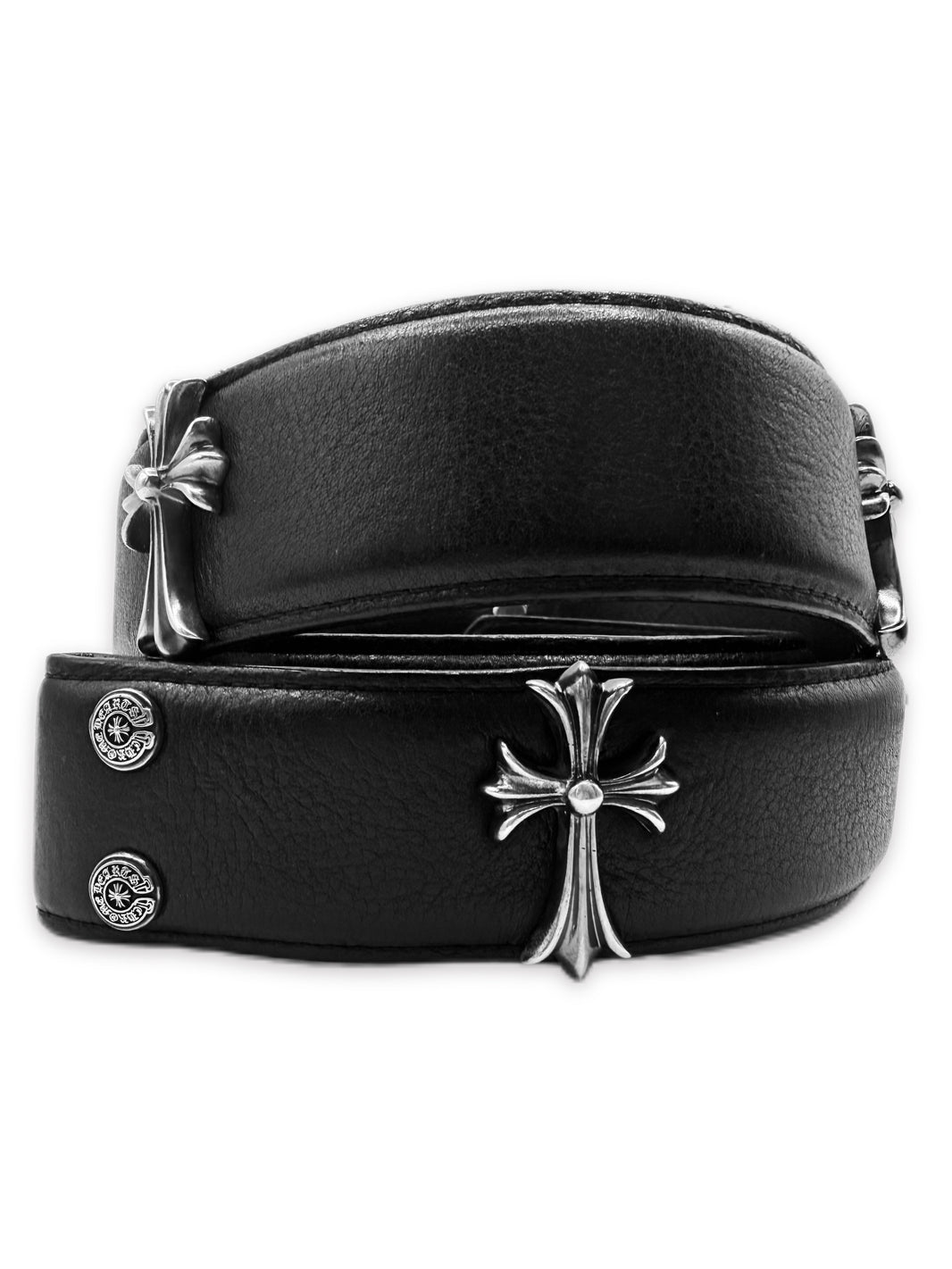 Chrome Hearts Cemetery Cross Pendant Black Leather .925 Silver Belt Strap