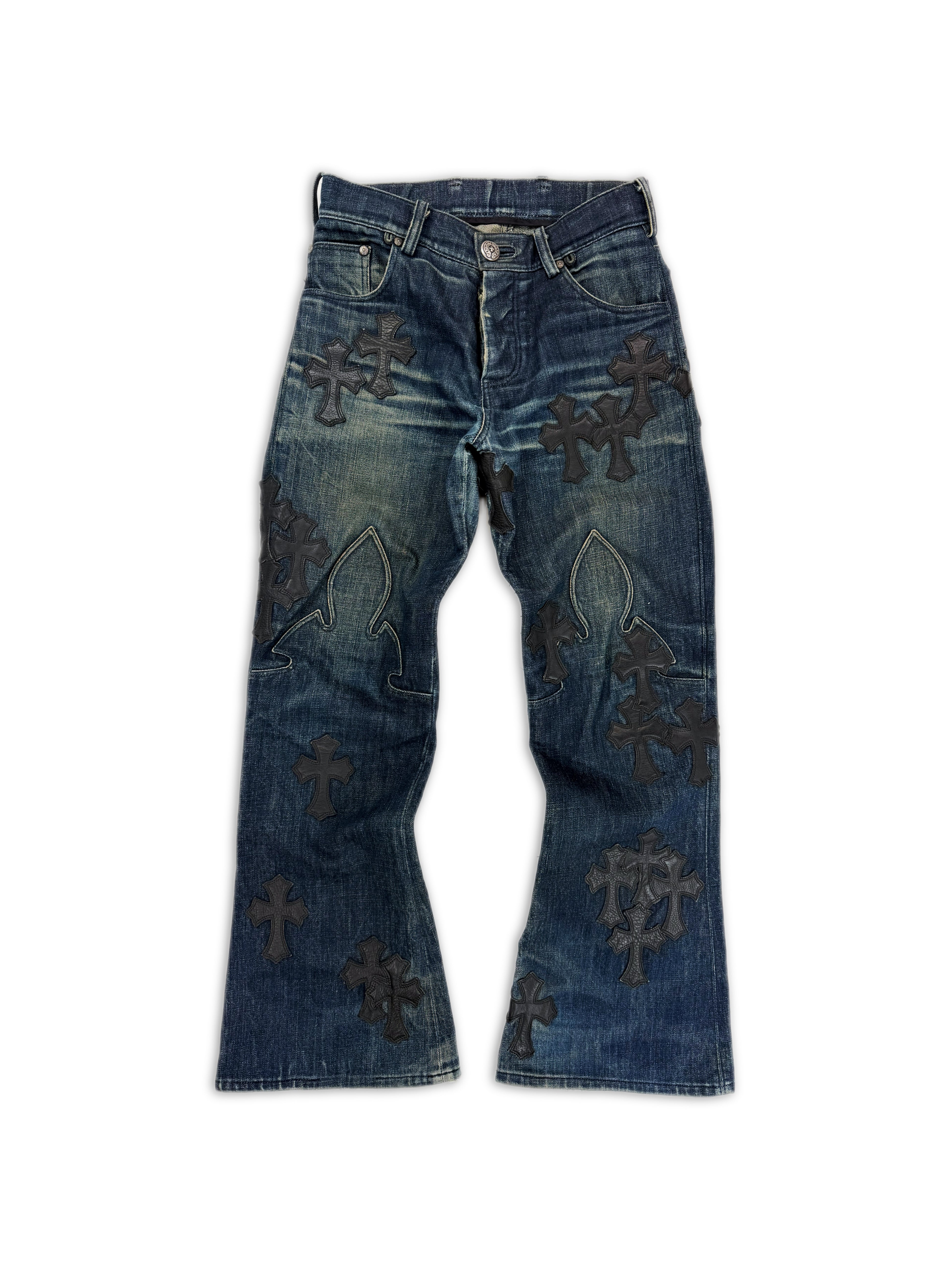 Chrome Hearts Flooded 50 Cross Patch Fleur Knee Blue Washed Denim Jeans