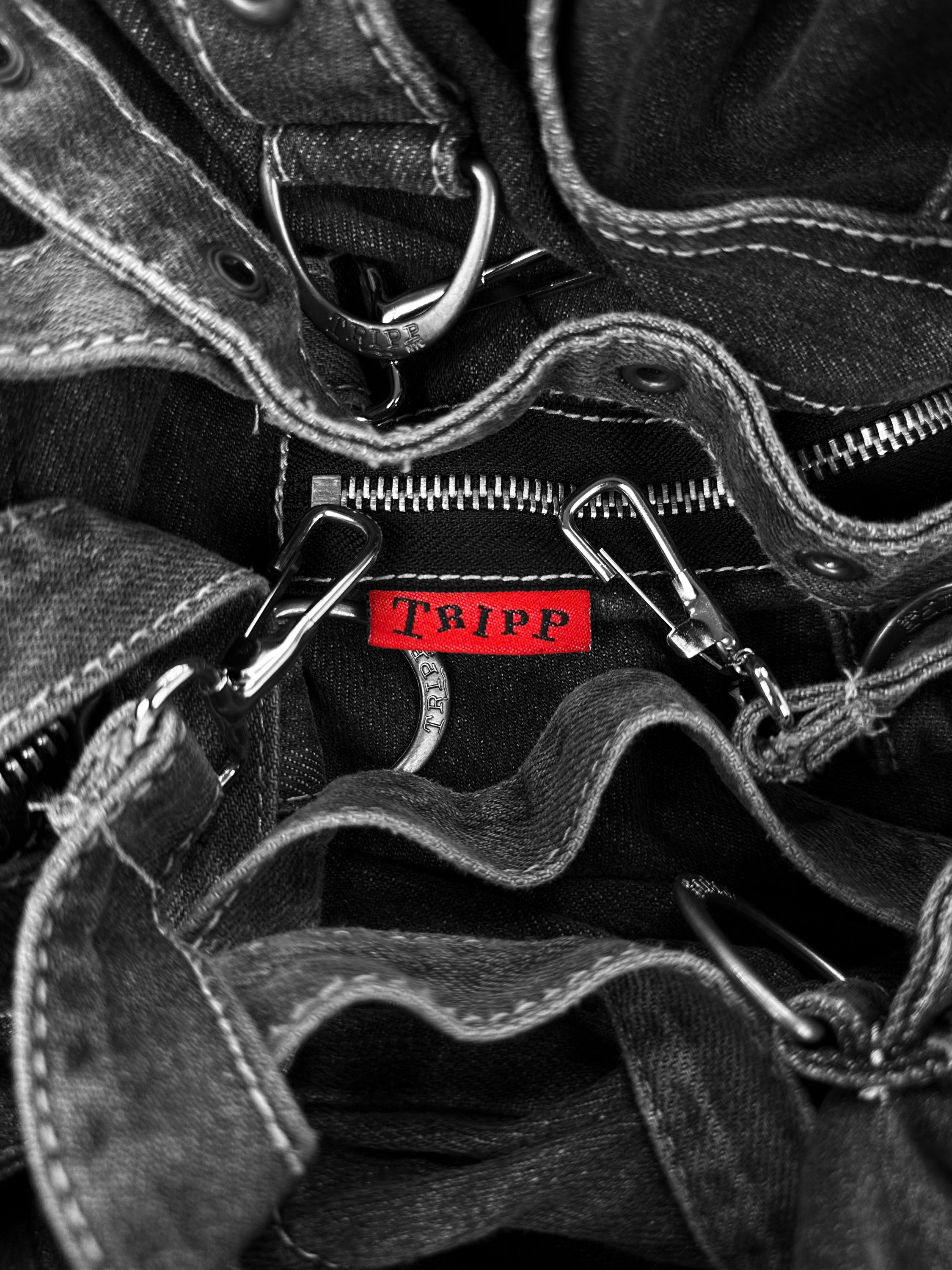 00s Tripp NYC ‘Raver’ Bondage Strap Flared Cut Grey Denim