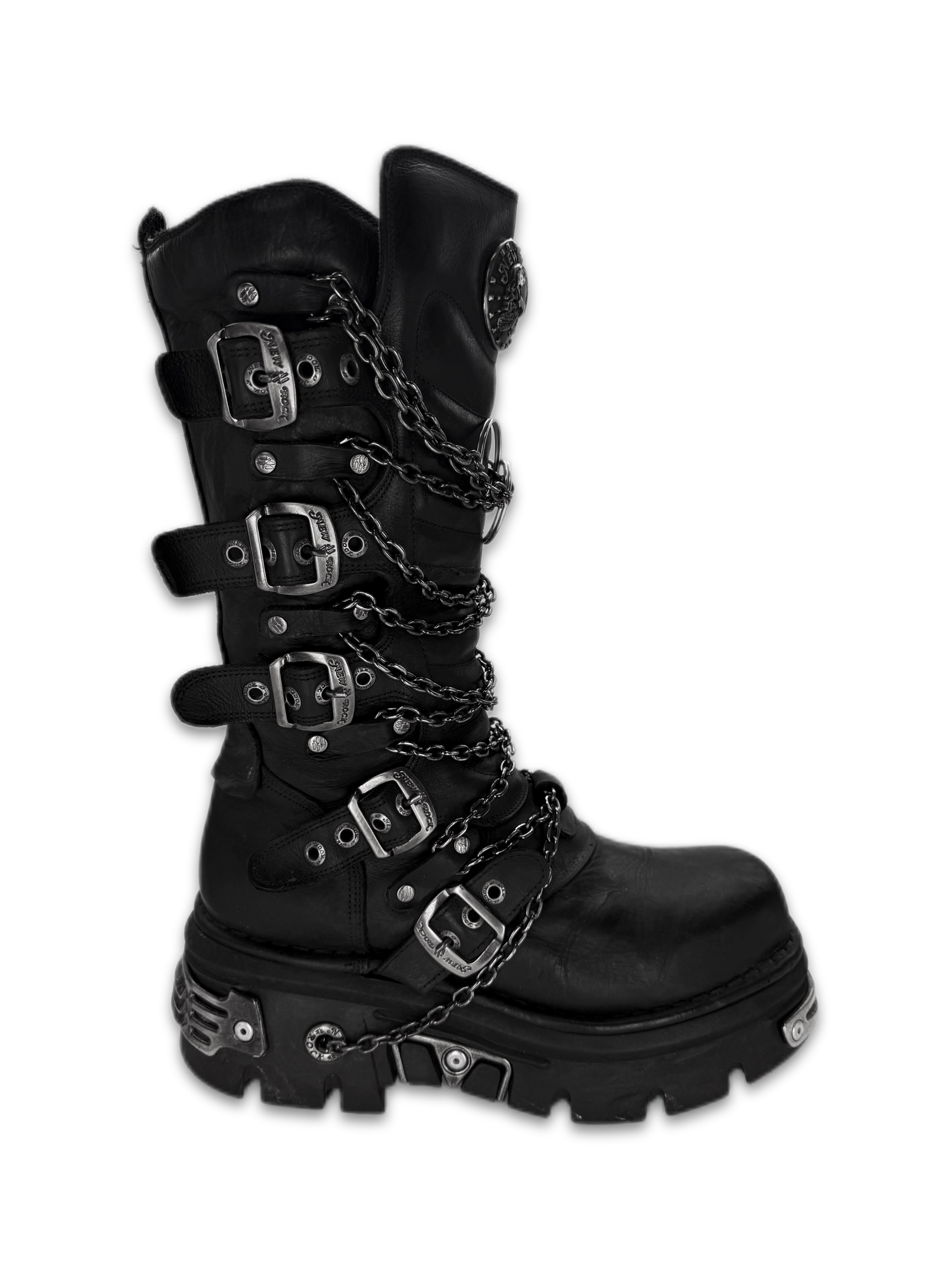 New Rock ‘M-1013-C10’ Chained Black Leather Platform Combat Boots