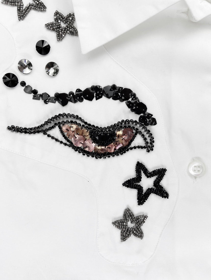 SS15 Miu Miu 3D Beaded Eyes Dagger Collar Patched Button Up