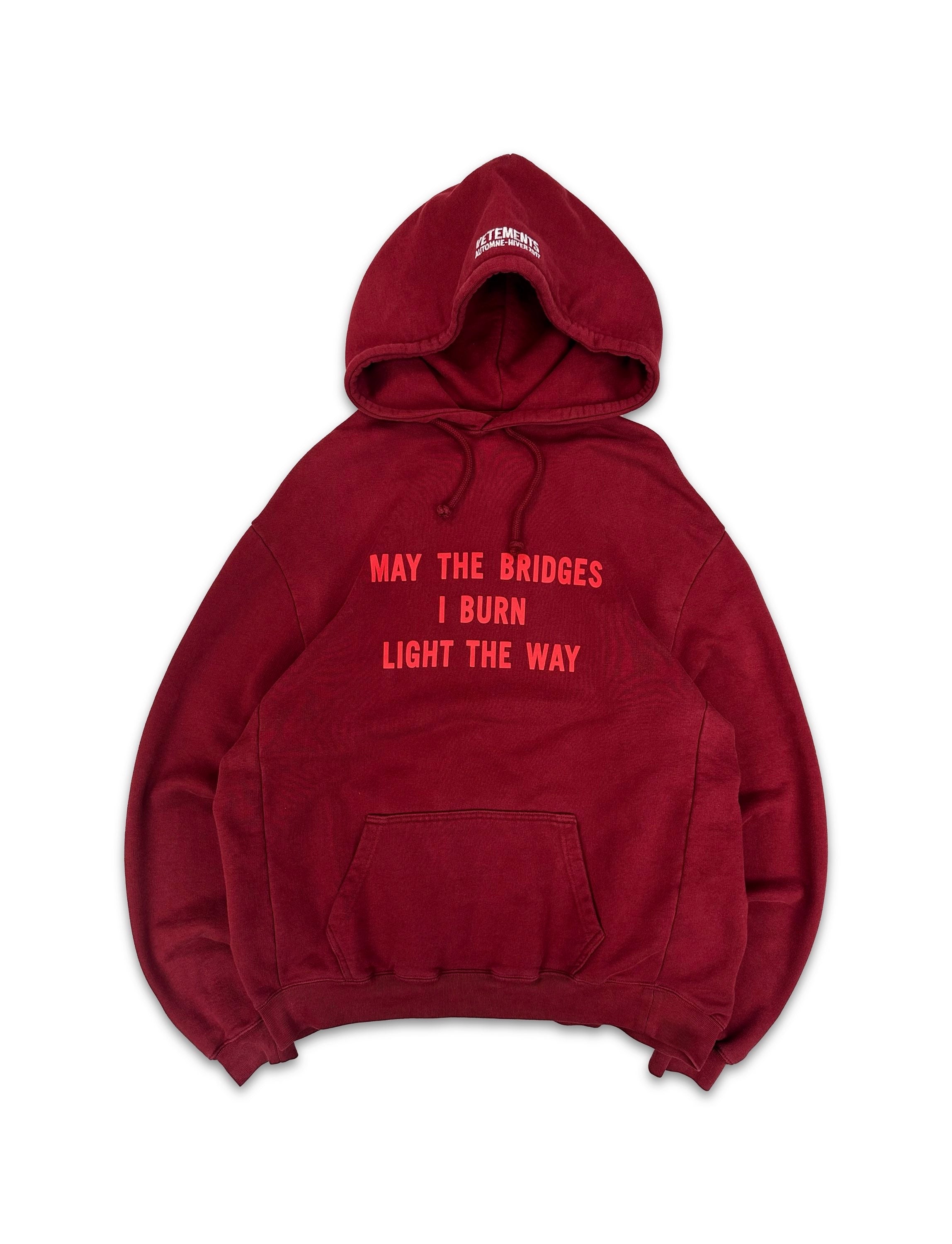 AW17 Vetements Homme ‘Bridges I Burn’ Burgundy Slogan Hoodie