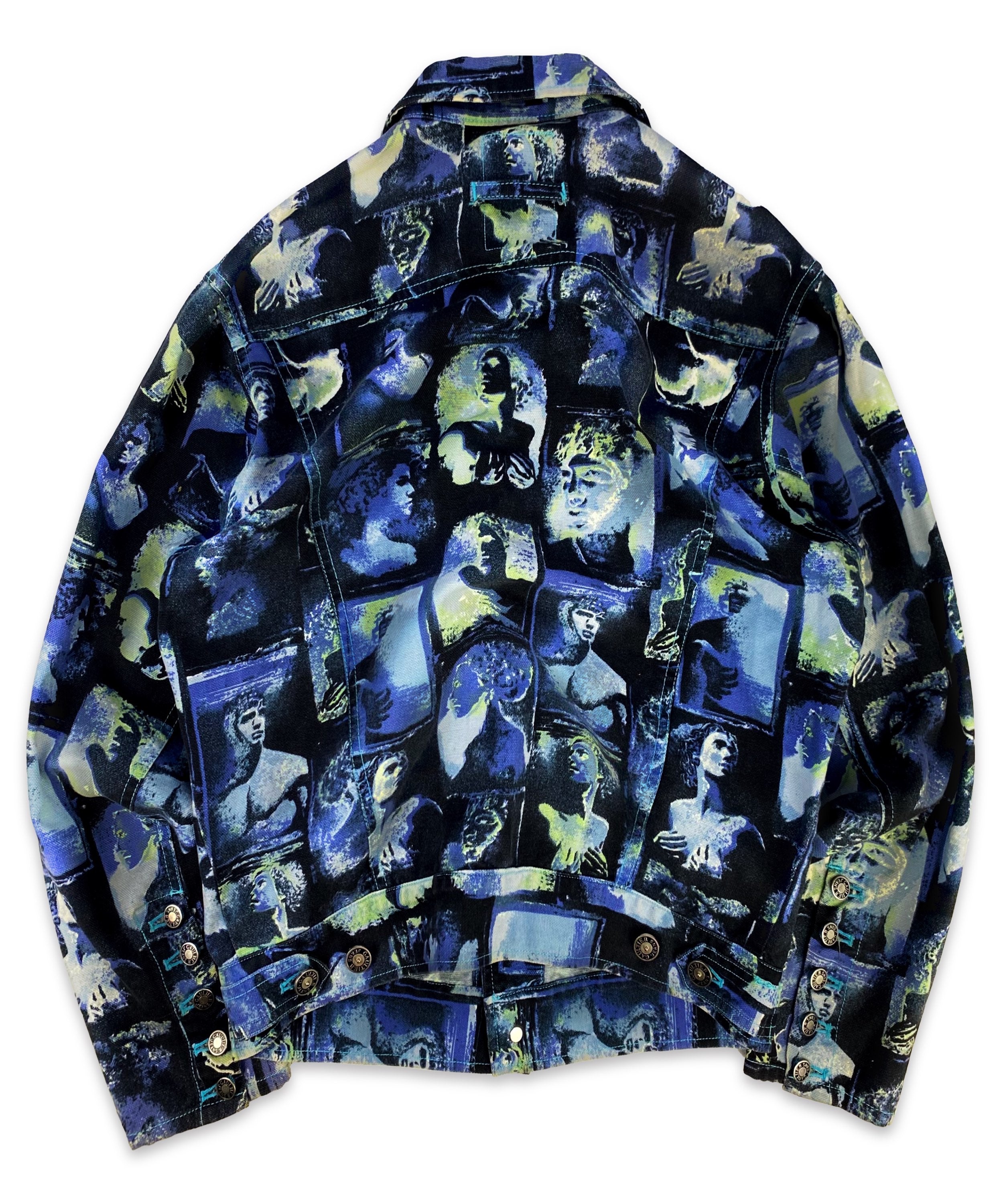 SS93 Jean Paul Gaultier ‘Faces’ Graphic Two Tone Denim Jacket