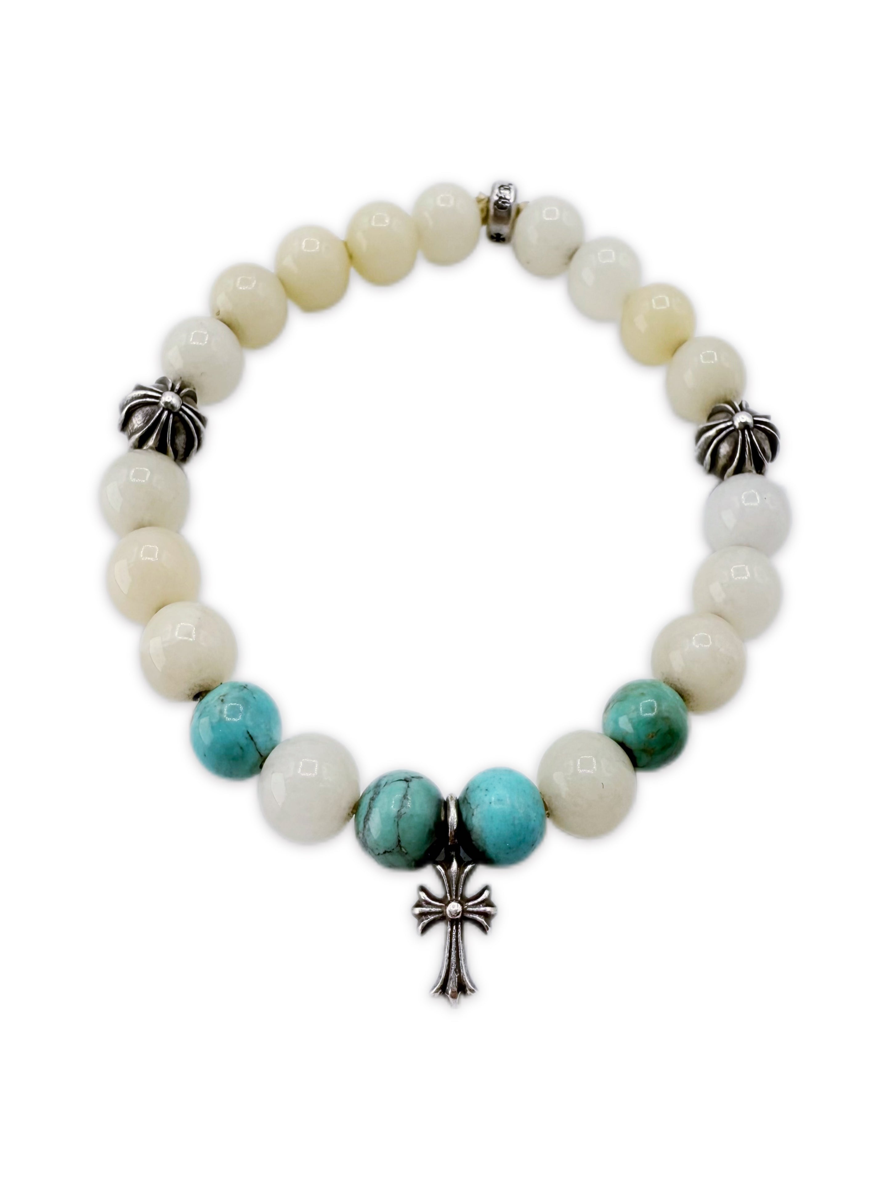 Chrome Hearts ‘Tiny E’ Cross Quartz / Turquoise Bead Bracelet