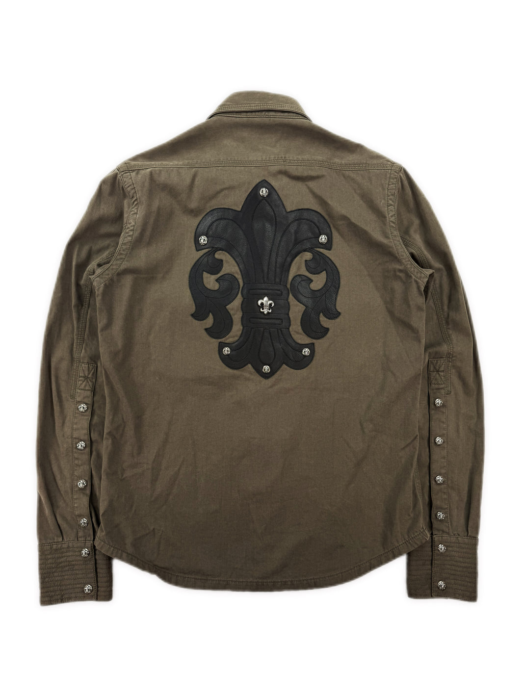 Chrome Hearts BS Fleur Leather Patch Olive Green Work Shirt