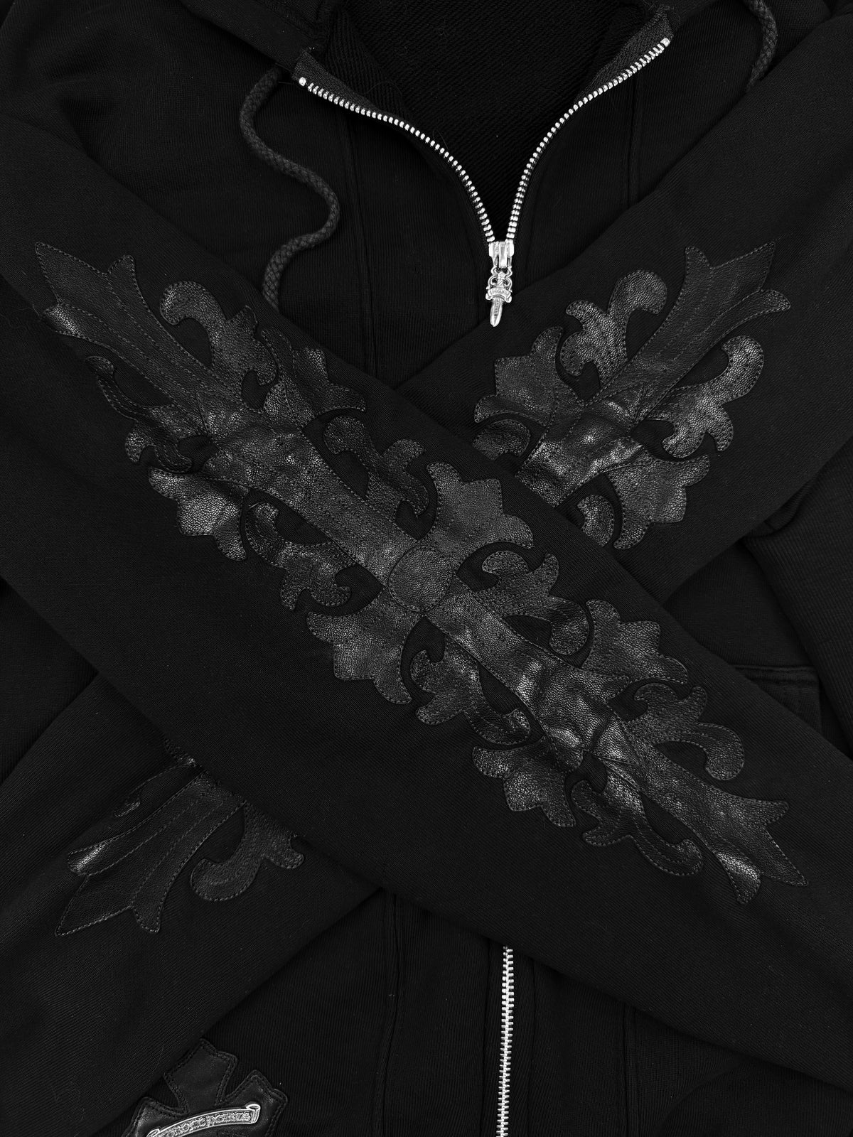 Chrome Hearts Floral Leather Patch Dagger Zip Black Hoodie
