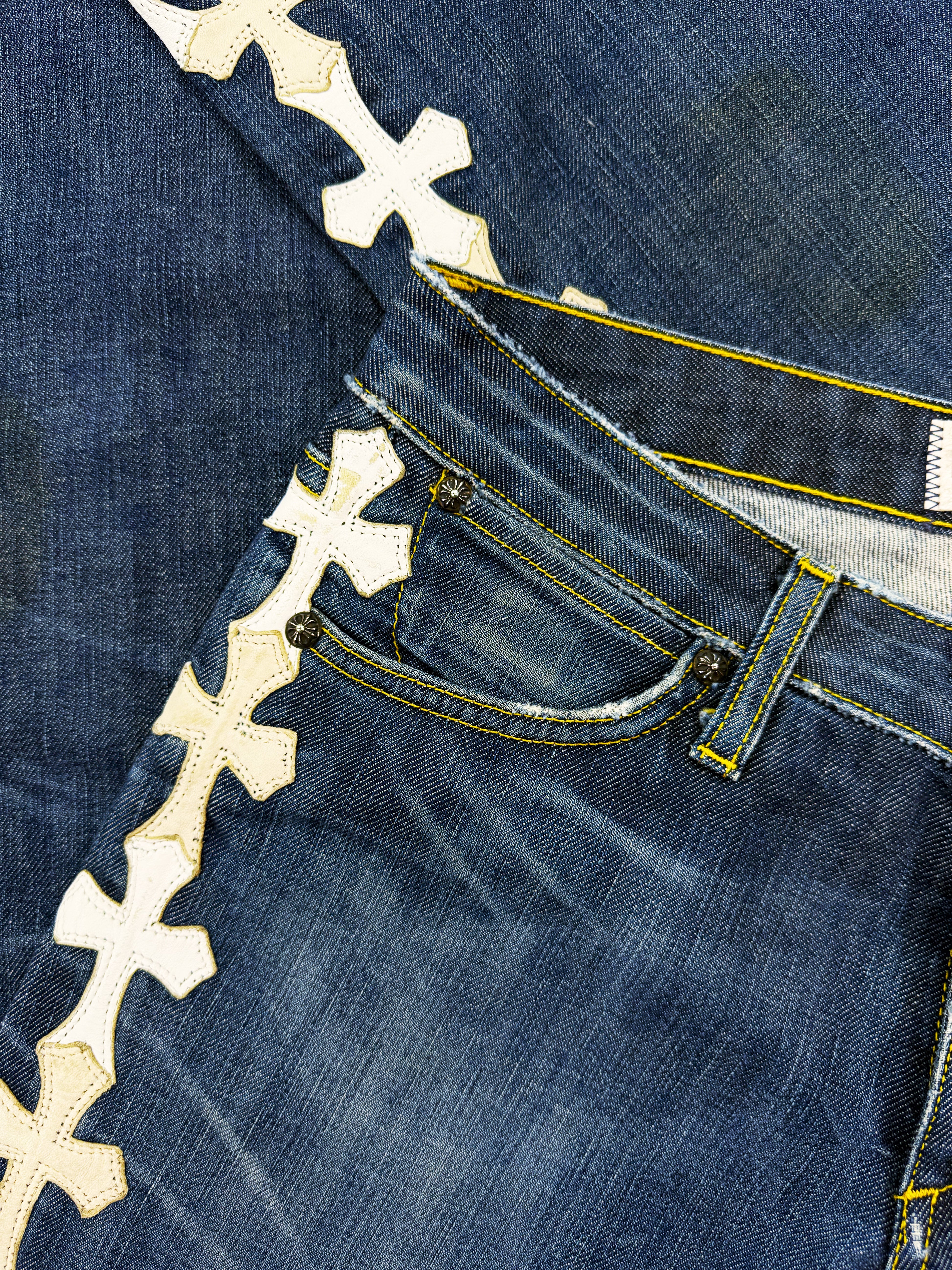 Chrome Hearts 43 Cross Patch Silver Pendant Flooded Blue Denim Jeans