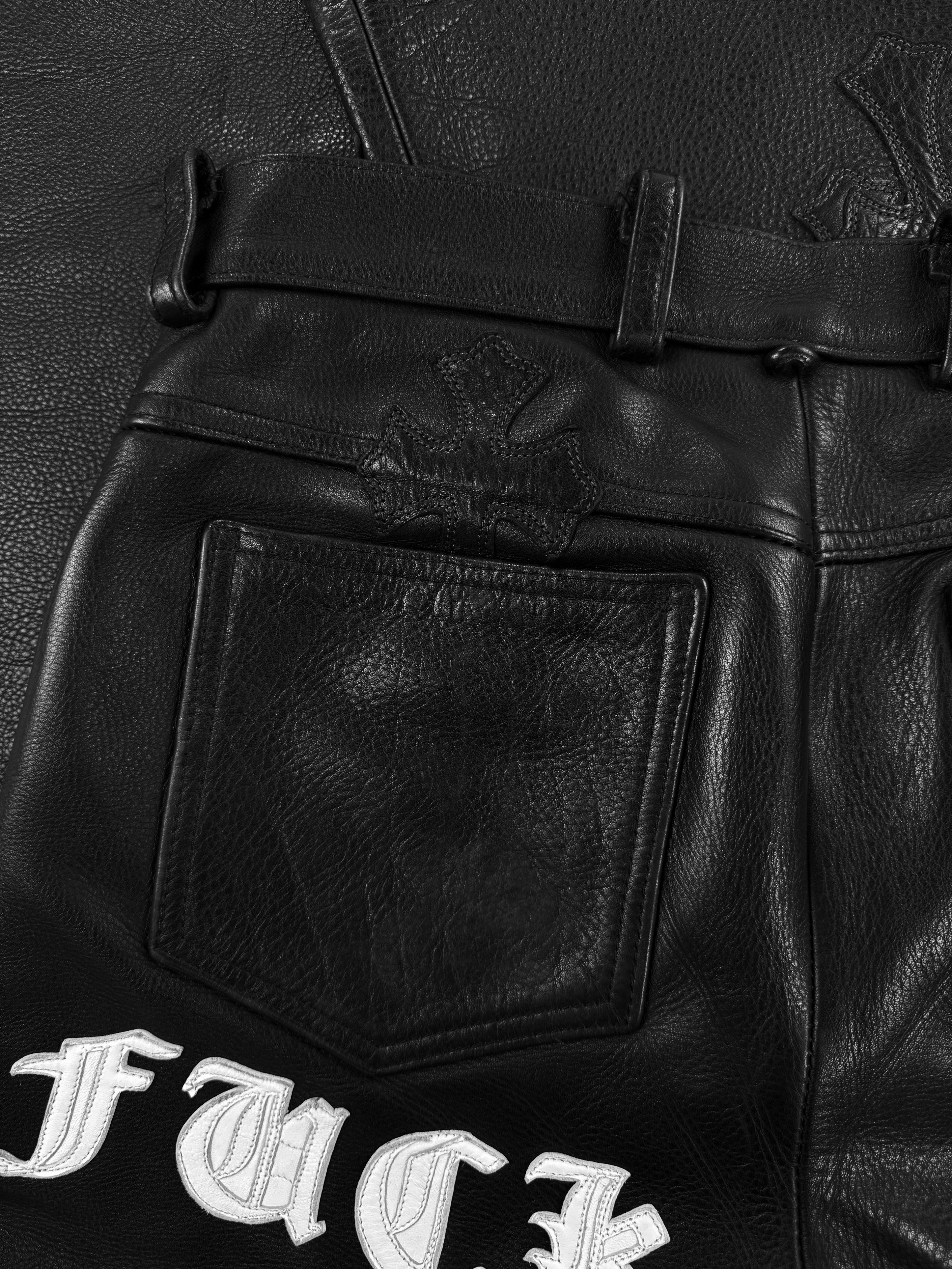 Chrome Hearts ‘Fuck’ Black Leather 19 Cross Patch Pants