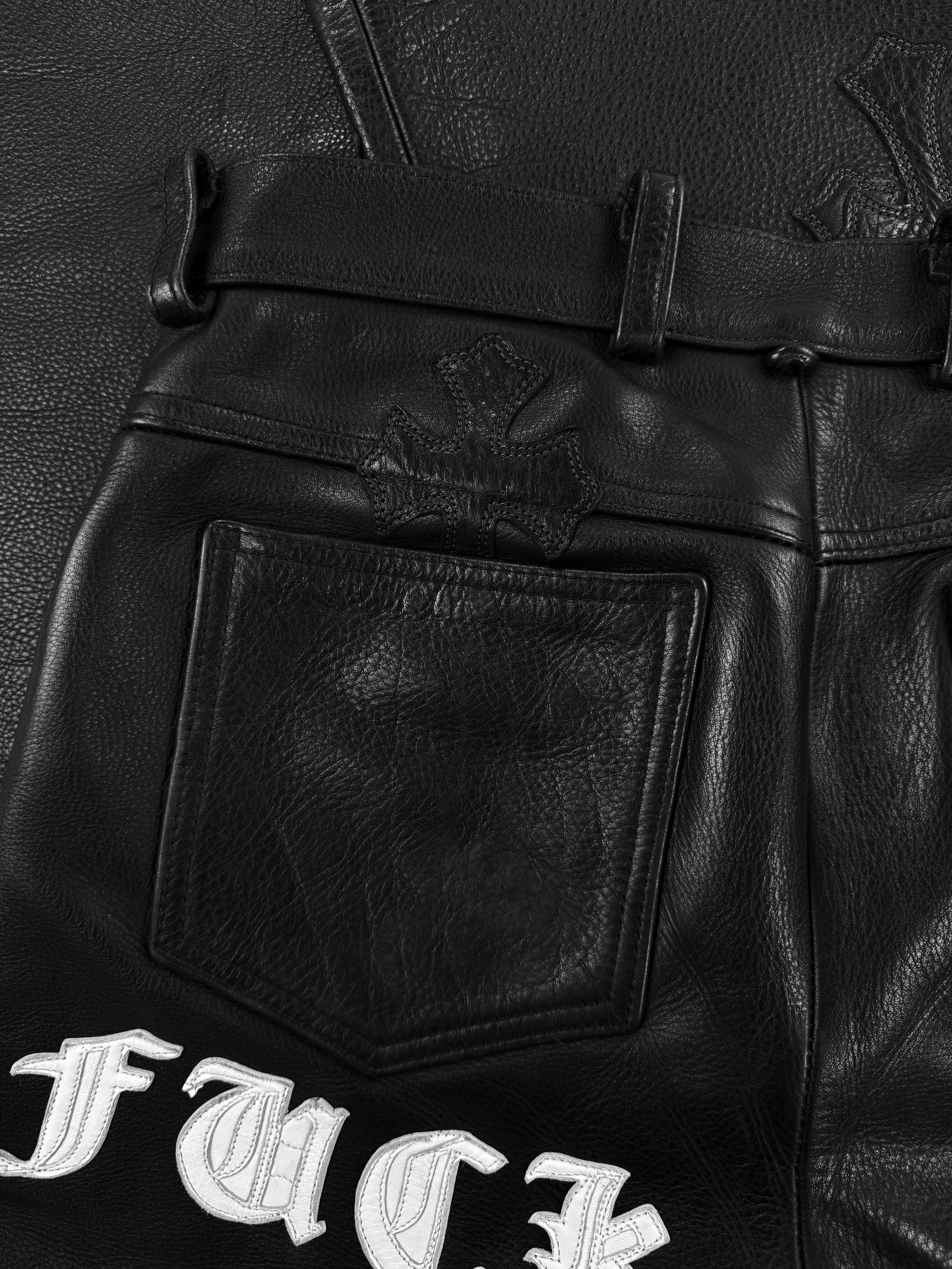 Chrome Hearts ‘Fuck’ Black Leather 19 Cross Patch Pants