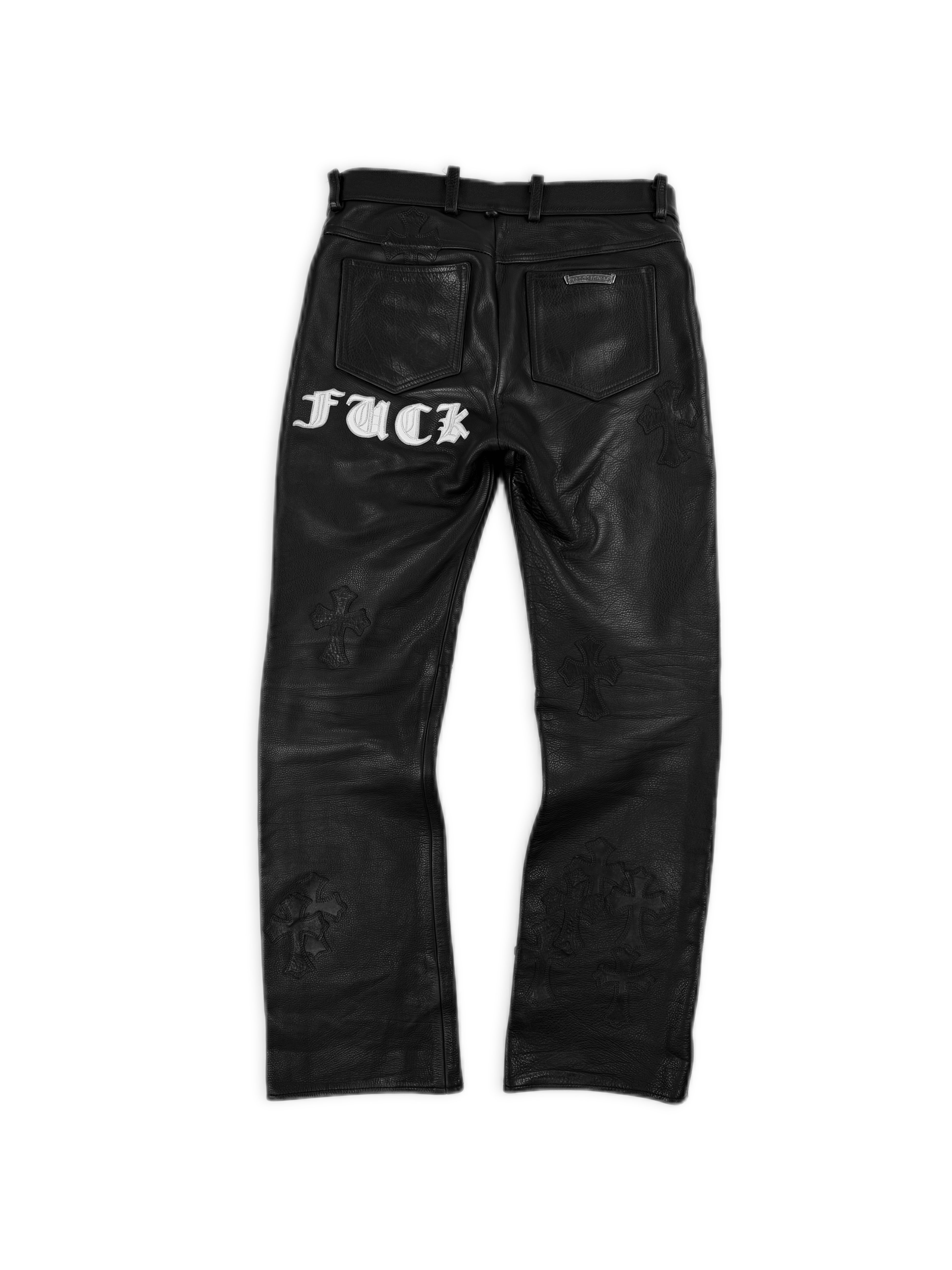 Chrome Hearts ‘Fuck’ Black Leather 19 Cross Patch Pants
