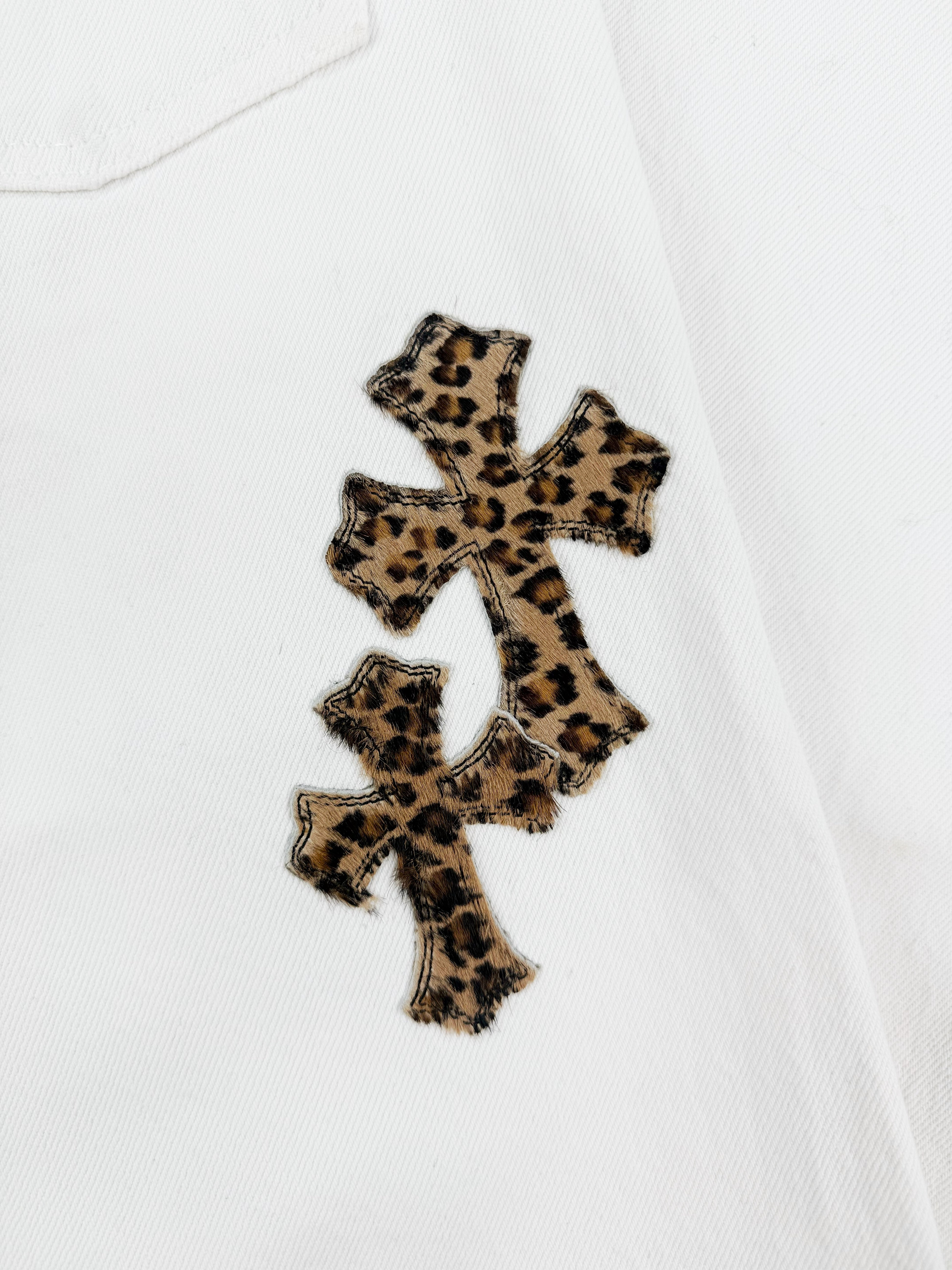 Chrome Hearts Levi’s 501 Cheetah Pony Hair Cross Patch White Denim Jeans