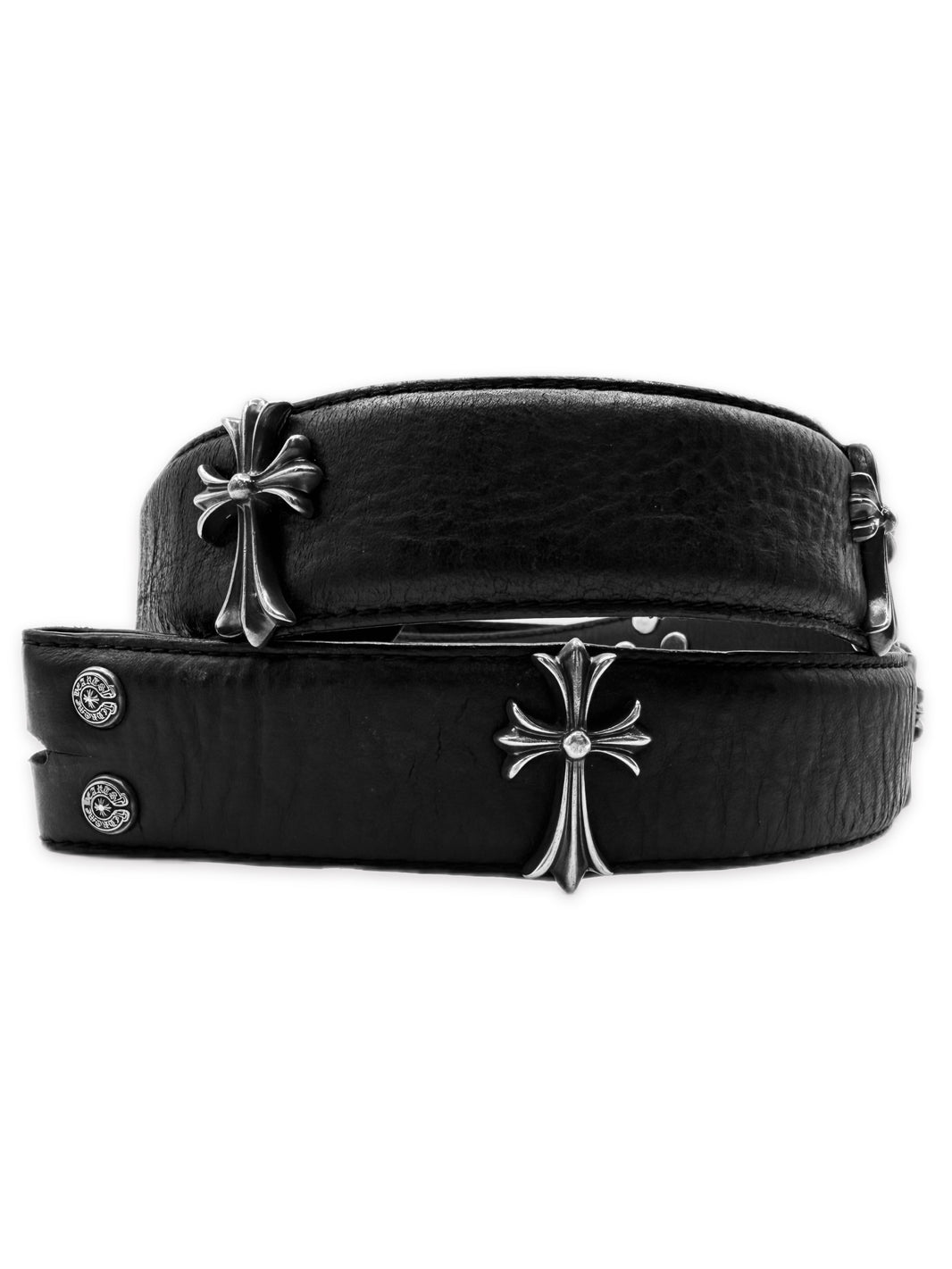 Chrome Hearts Cross Pendant .925 Silver Black Leather Belt Strap