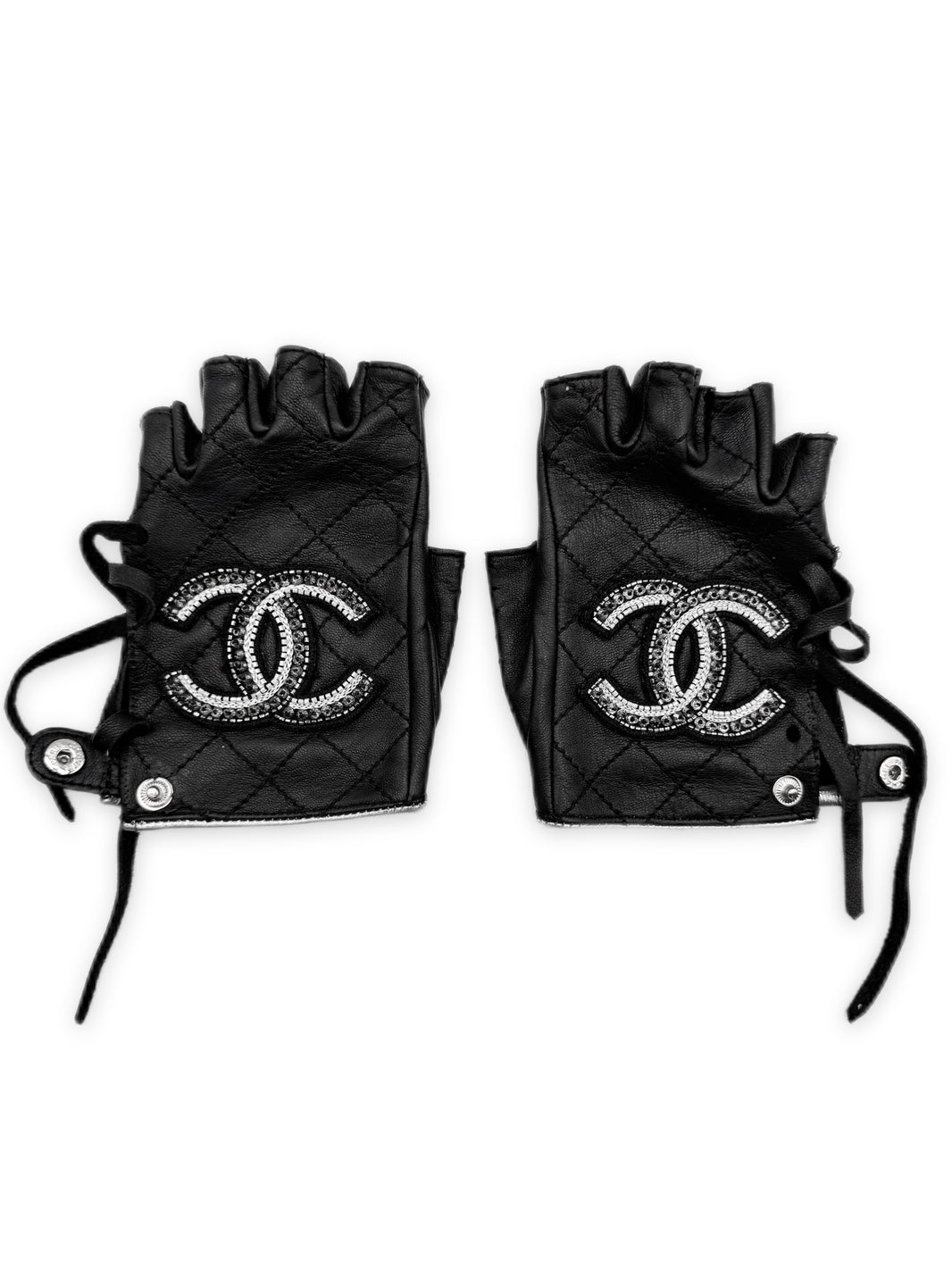 Chanel CC Logo Lambskin Perforated Fingerless Beaded Gloves
