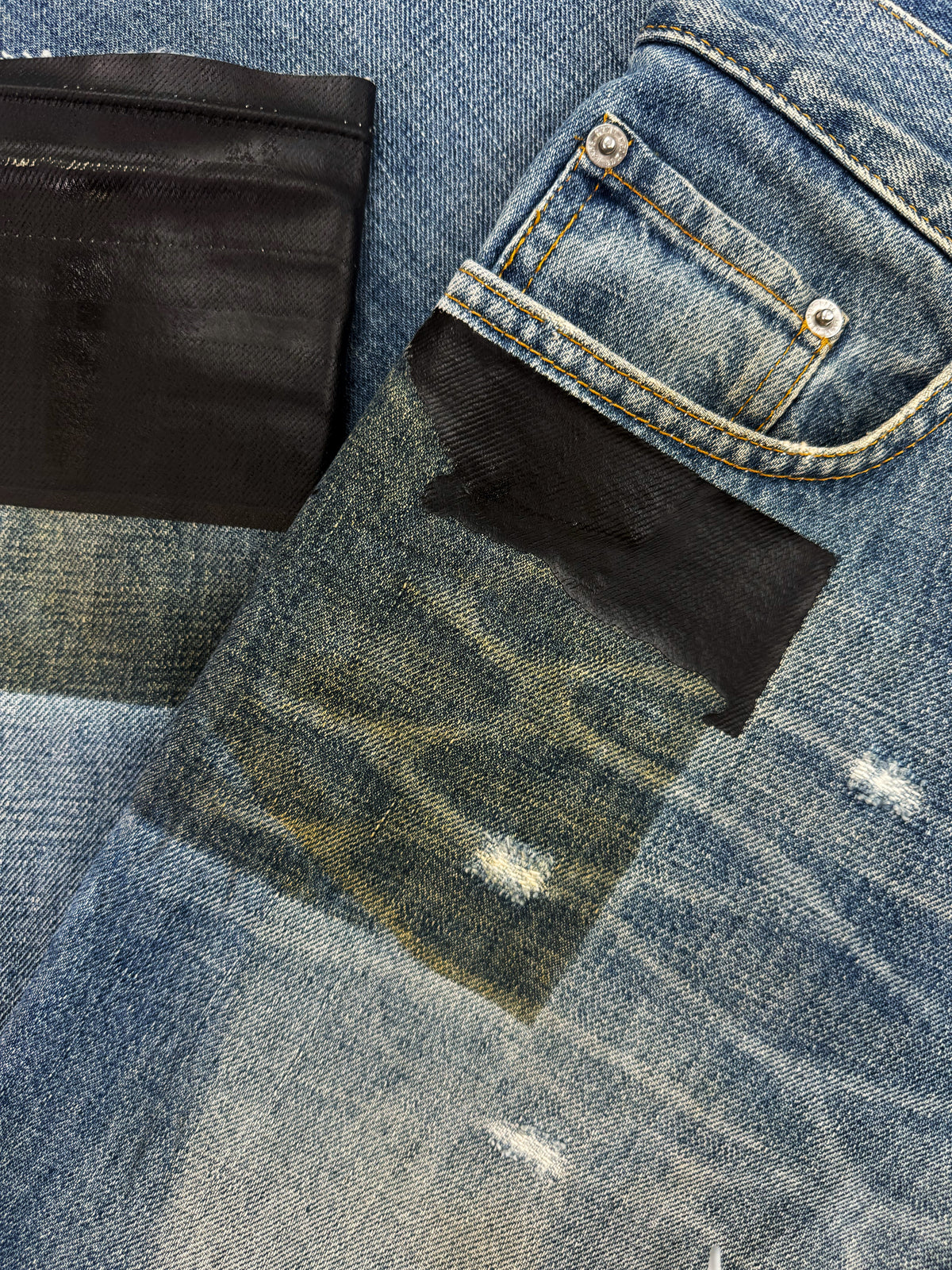 SS03 Helmut Lang Tea Dyed Rubber Appliqué Blue Wash Denim Jeans