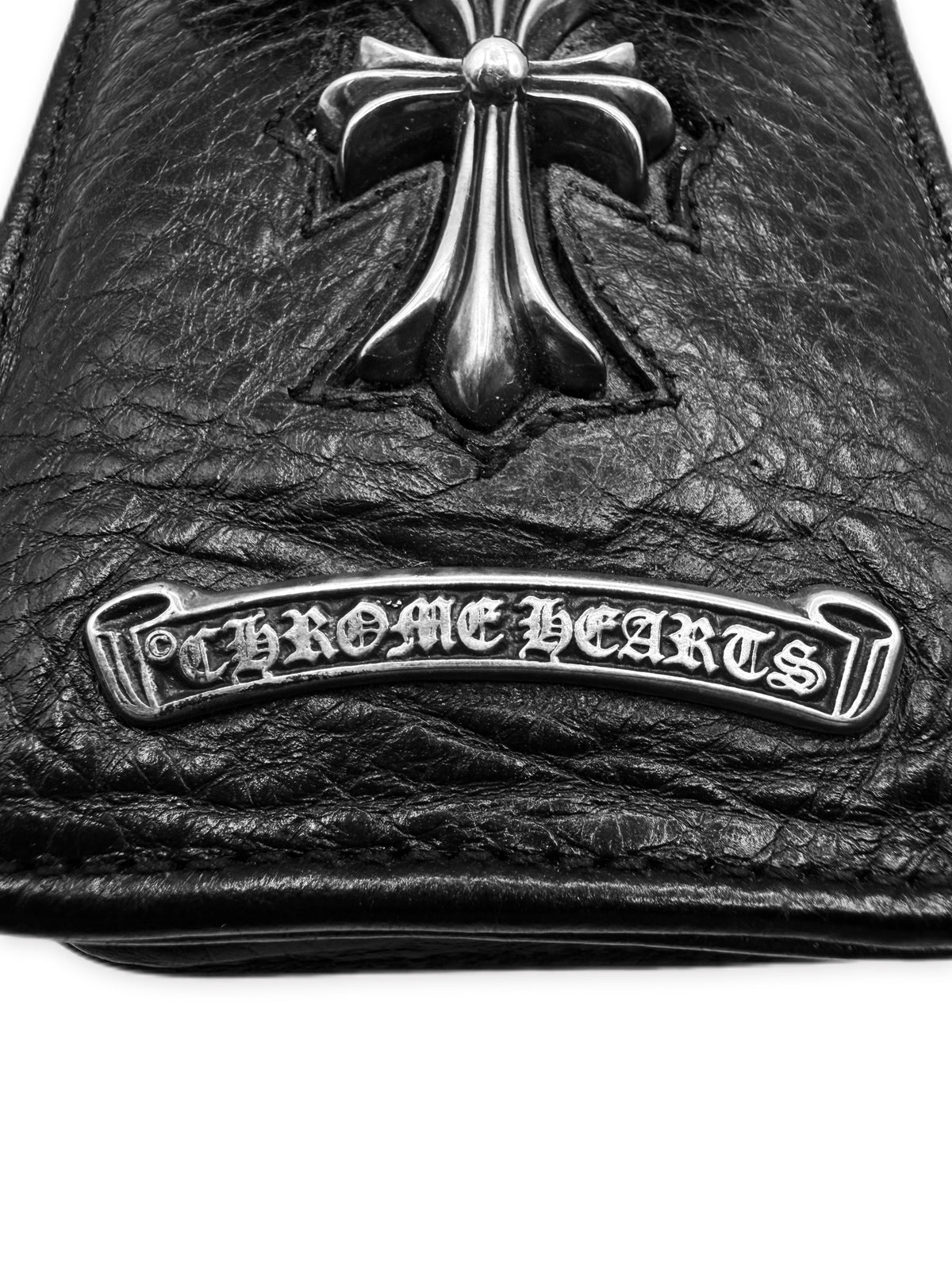 Chrome Hearts Silver Cross Pendant Black Leather Cigarette Case