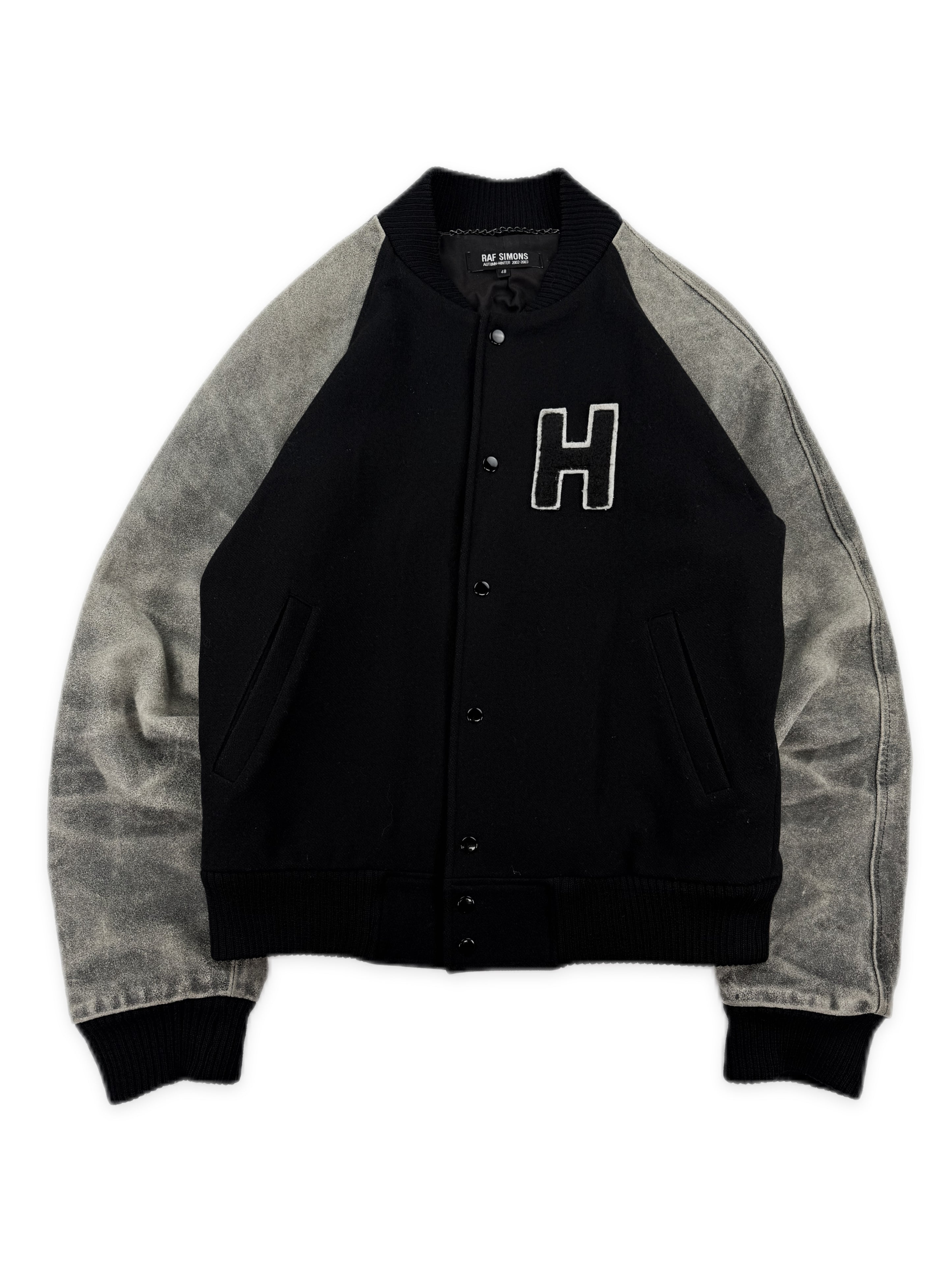 AW02 Raf Simons Virginia Creeper Leather Sleeve Chenille Patch Varsity Jacket