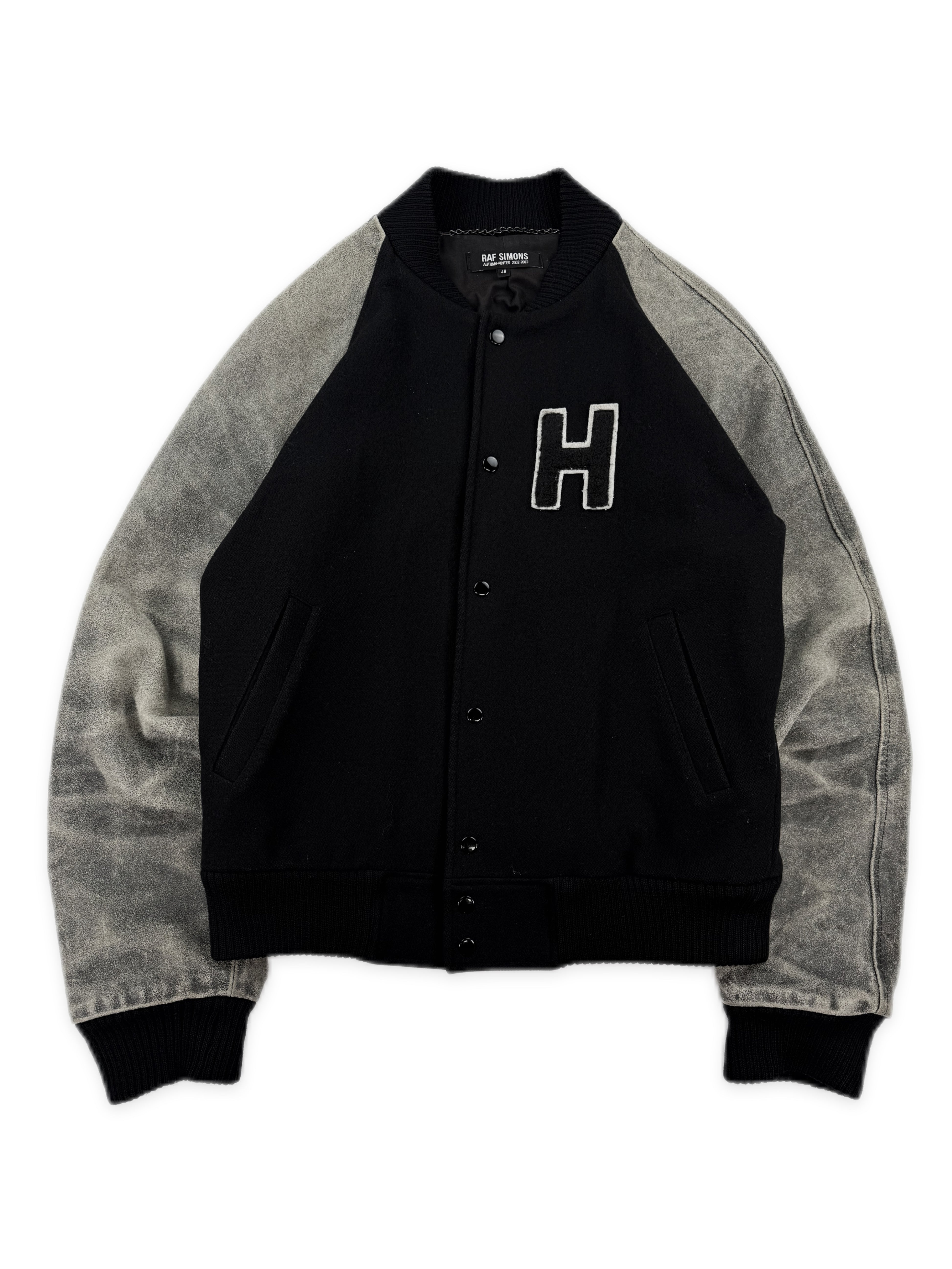 AW02 Raf Simons Virginia Creeper Leather Sleeve Chenille Patch Varsity Jacket