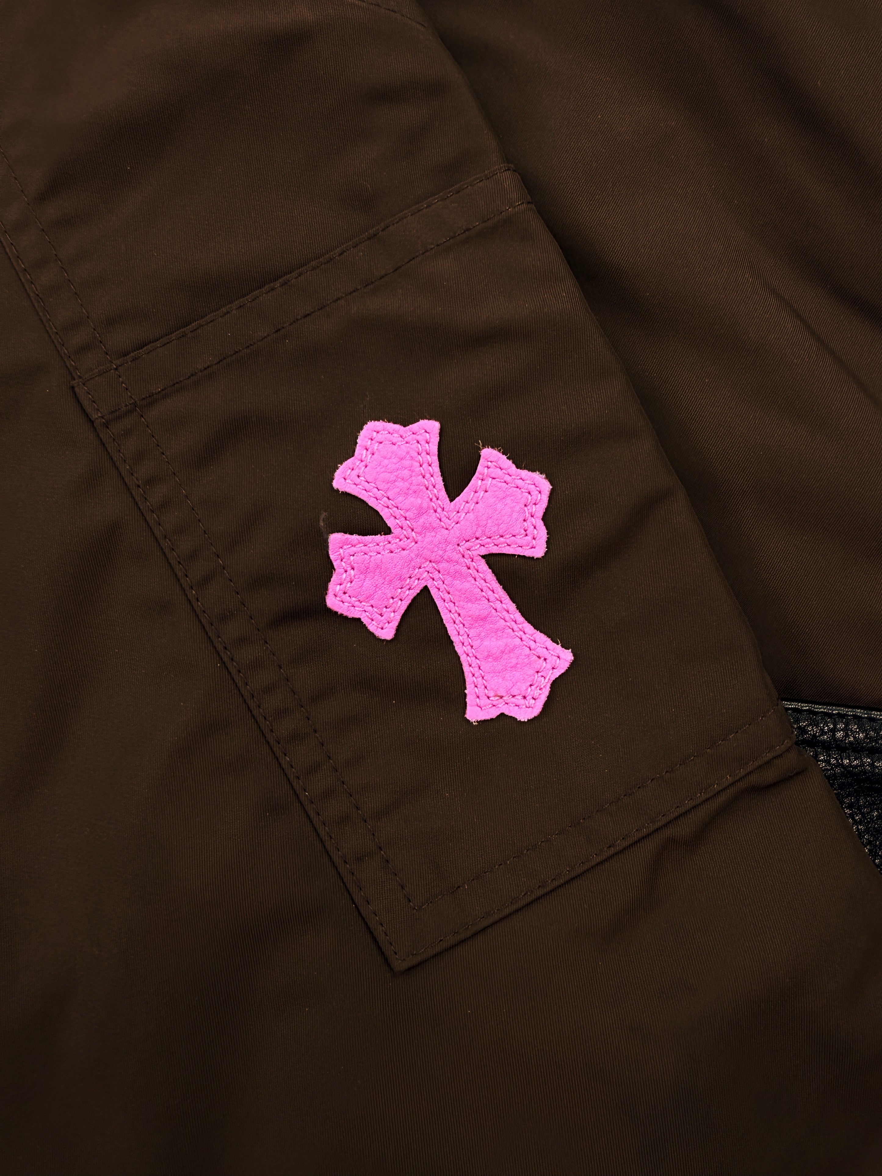 Chrome Hearts Pink Cross Patch Leather Brown Double Knee Carpenter Pants