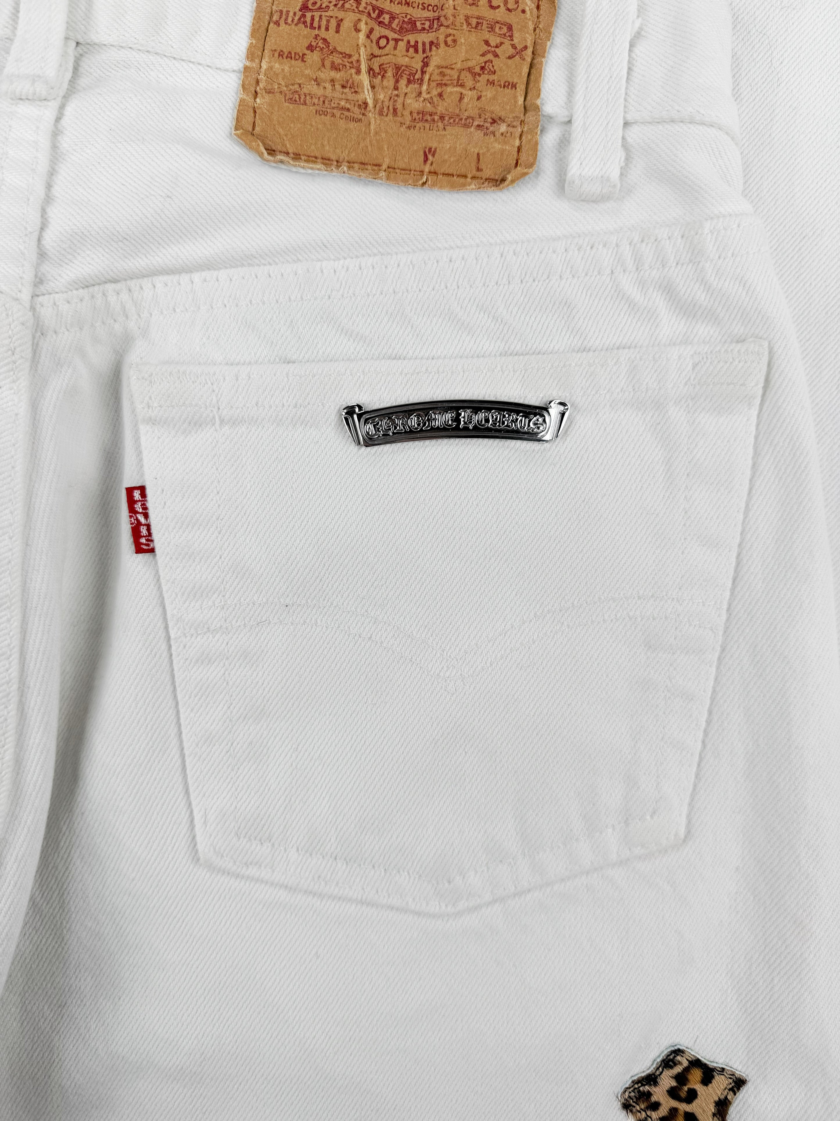 Chrome Hearts Levi’s 501 Cheetah Pony Hair Cross Patch White Denim Jeans
