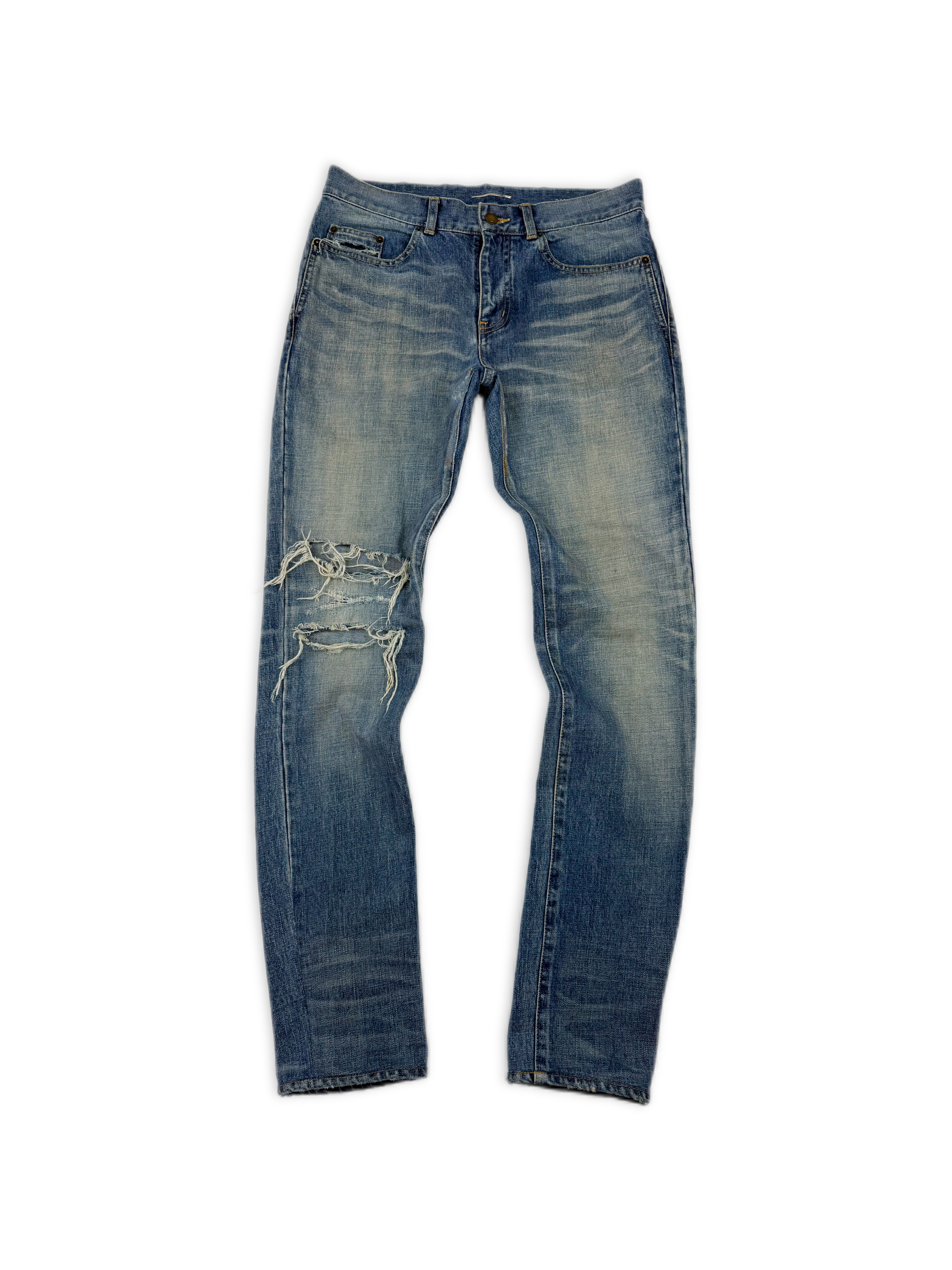 SAINT LAURENT PARIS D02 DISTRESSED LIGHT WASH SKINNY JEANS