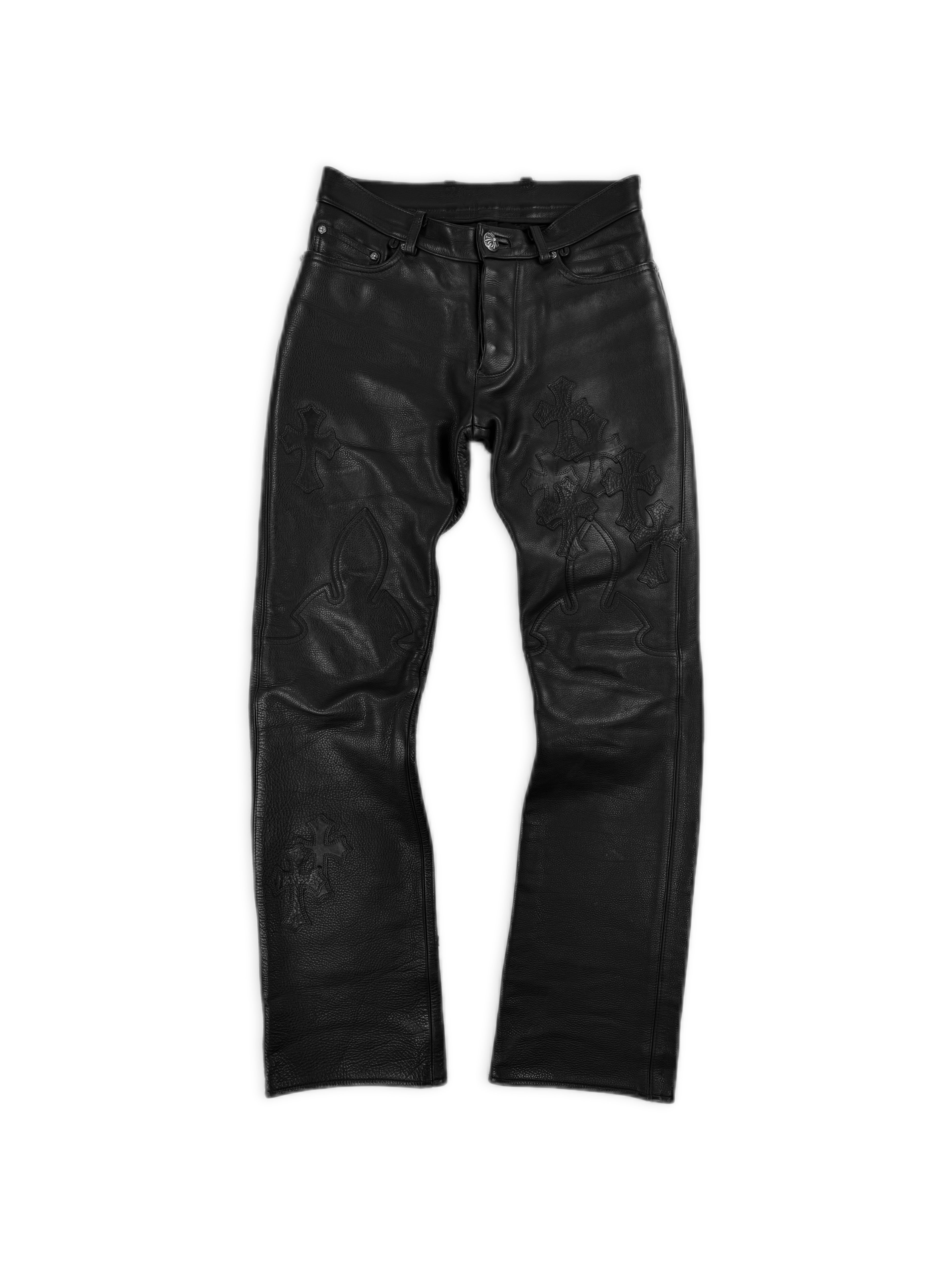 Chrome Hearts ‘Fuck’ Black Leather 19 Cross Patch Pants