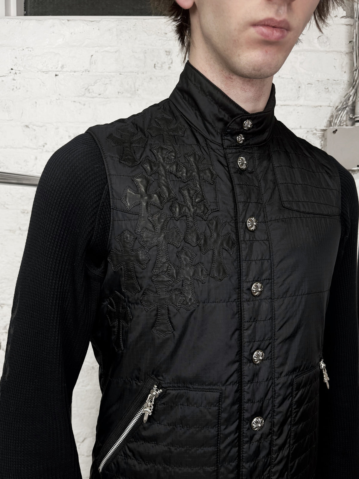Chrome Hearts 12 Leather Cross Patch Flooded Black Nylon Vest