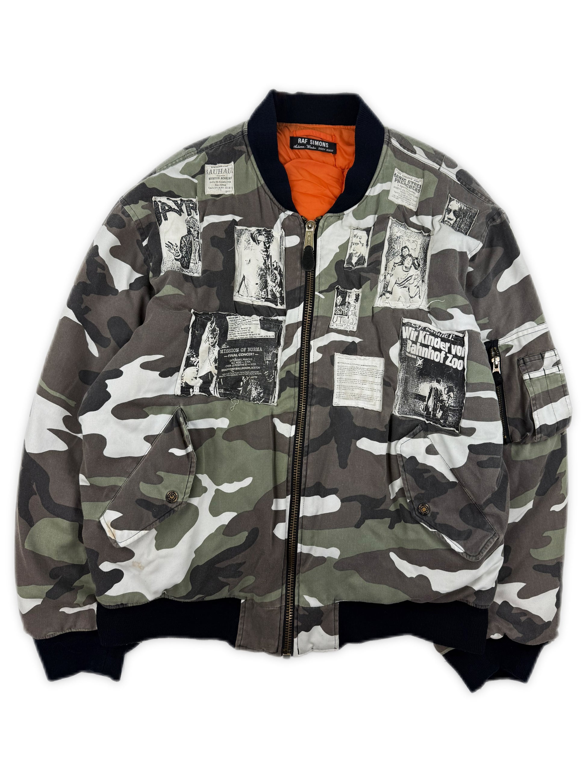 AW01 Raf Simons ‘Riot Riot Riot’ Snow Camouflage Patched Bomber Jacket