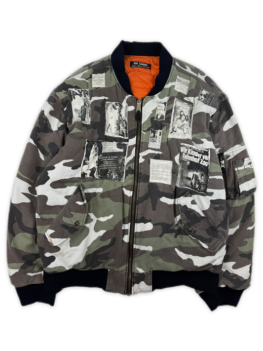 AW01 Raf Simons ‘Riot Riot Riot’ Snow Camouflage Patched Bomber Jacket
