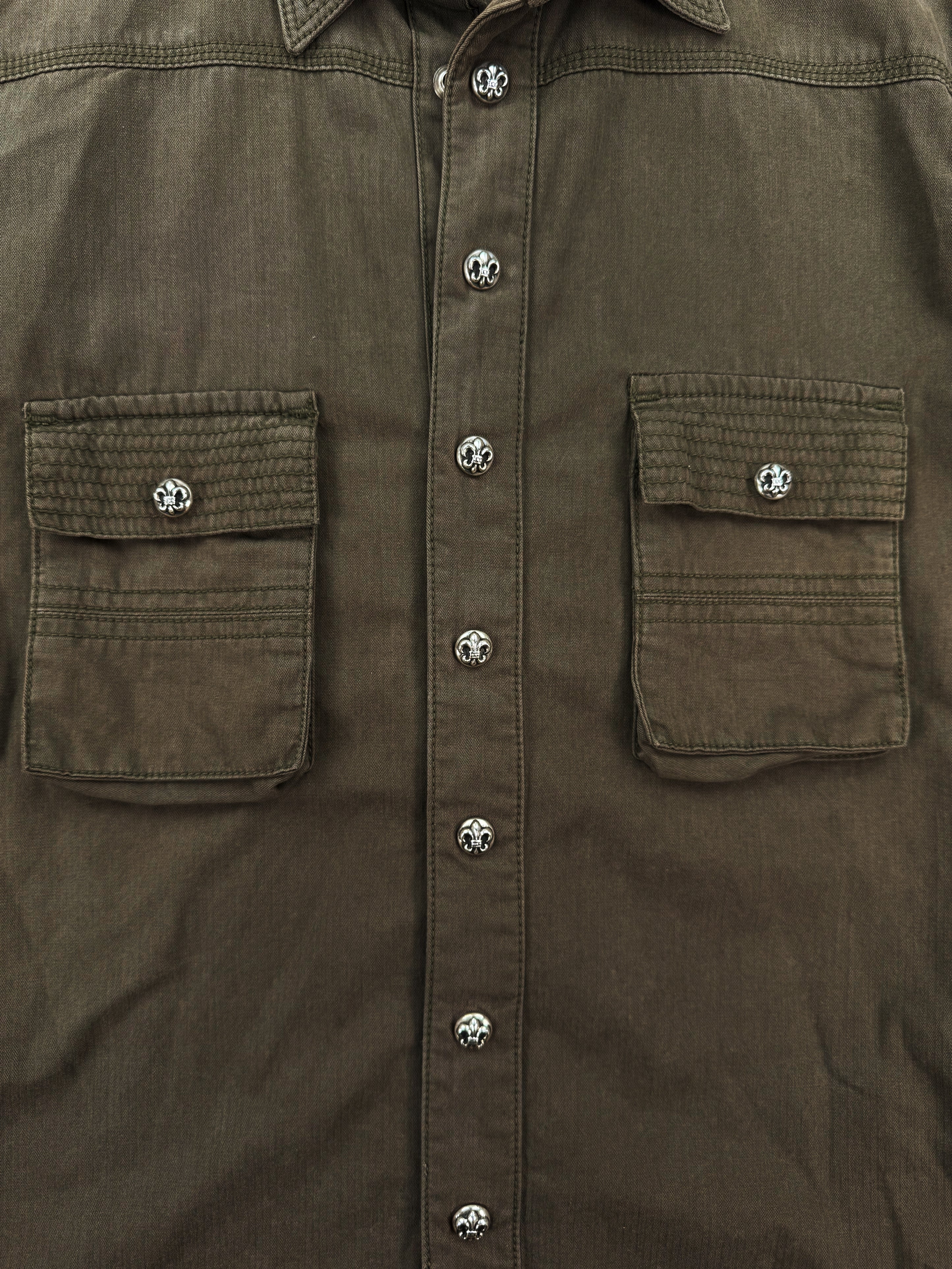 Chrome Hearts BS Fleur Leather Patch Olive Green Work Shirt