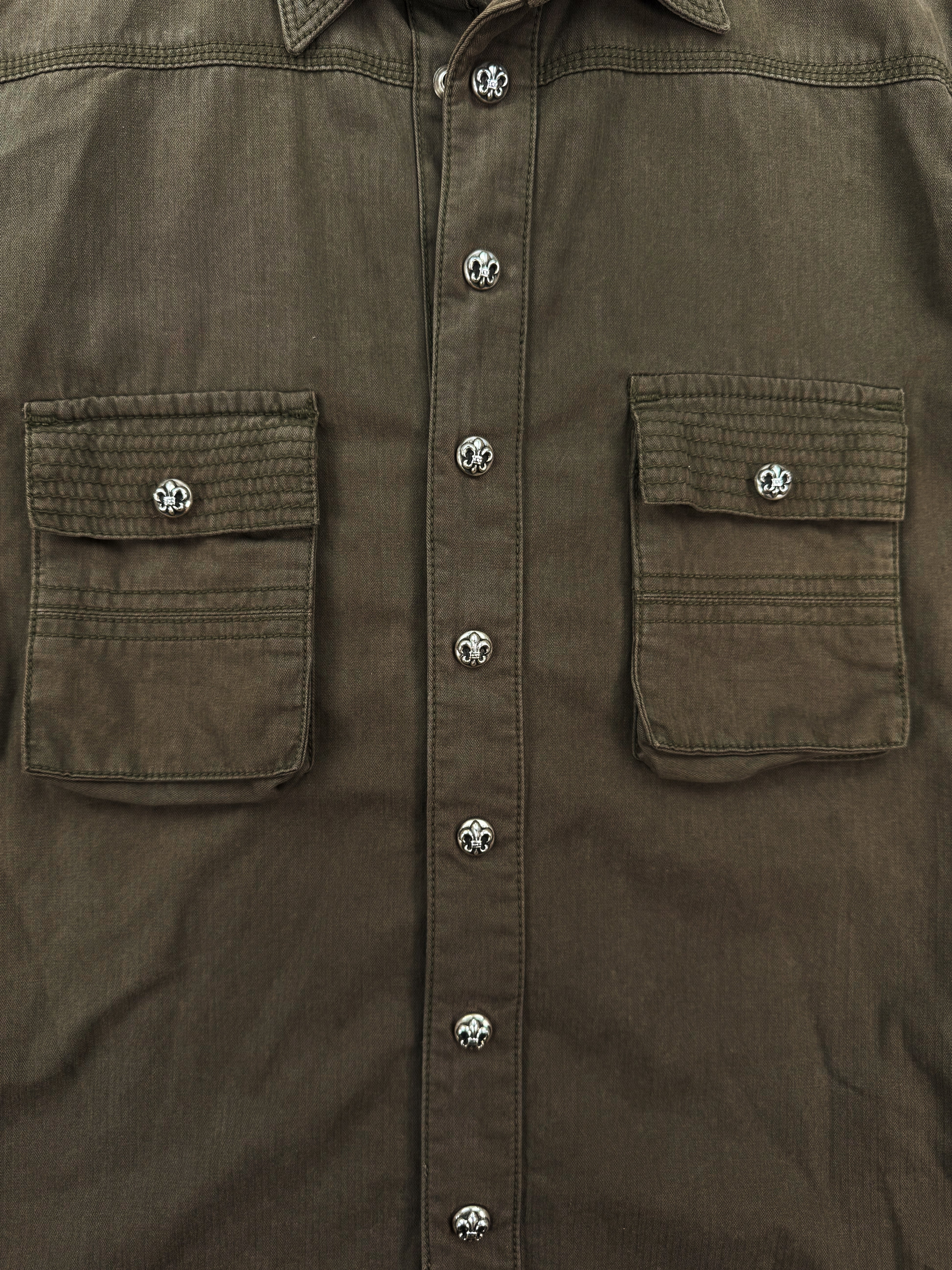 Chrome Hearts BS Fleur Leather Patch Olive Green Work Shirt