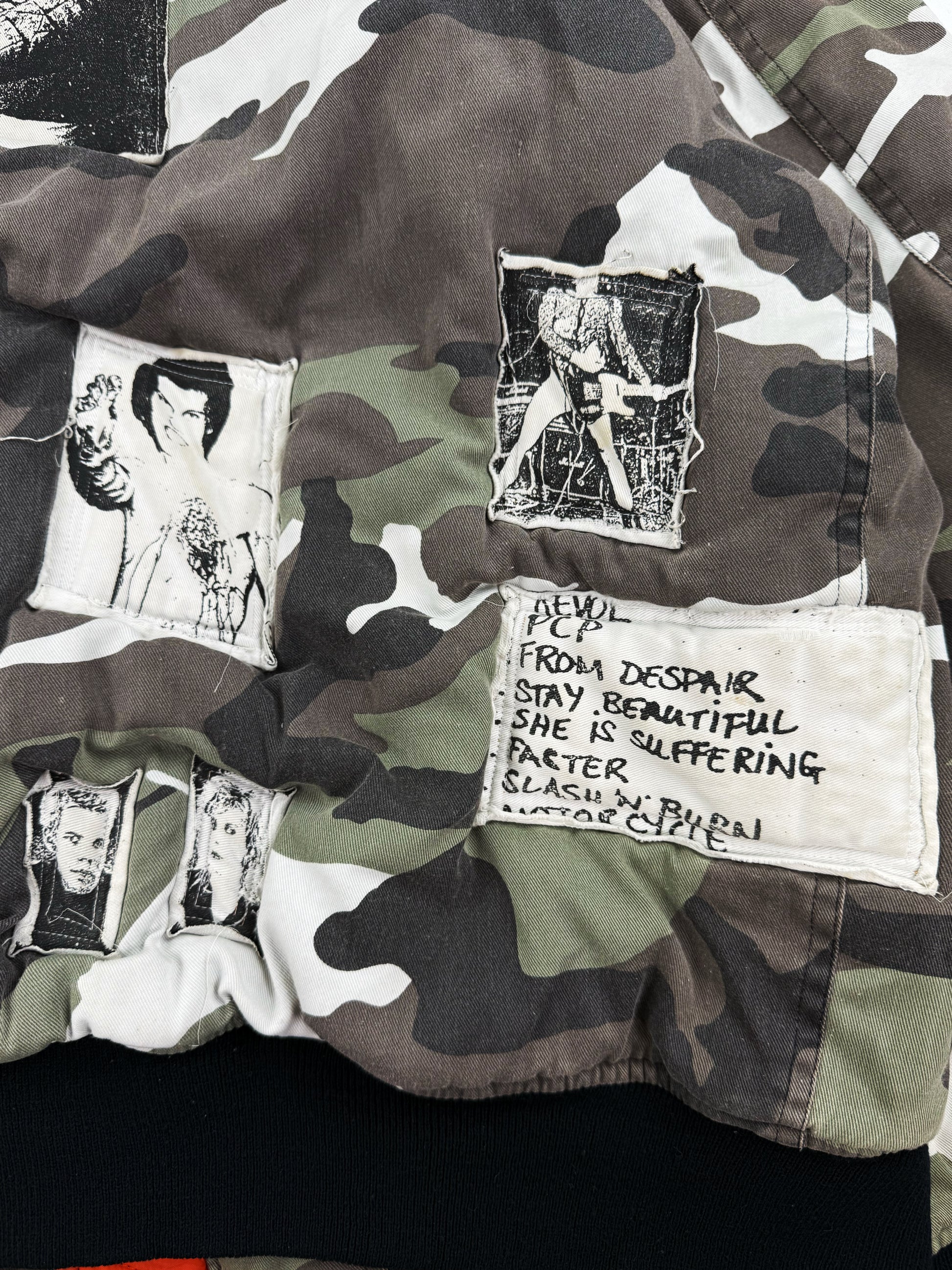 AW01 Raf Simons ‘Riot Riot Riot’ Snow Camouflage Patched Bomber Jacket