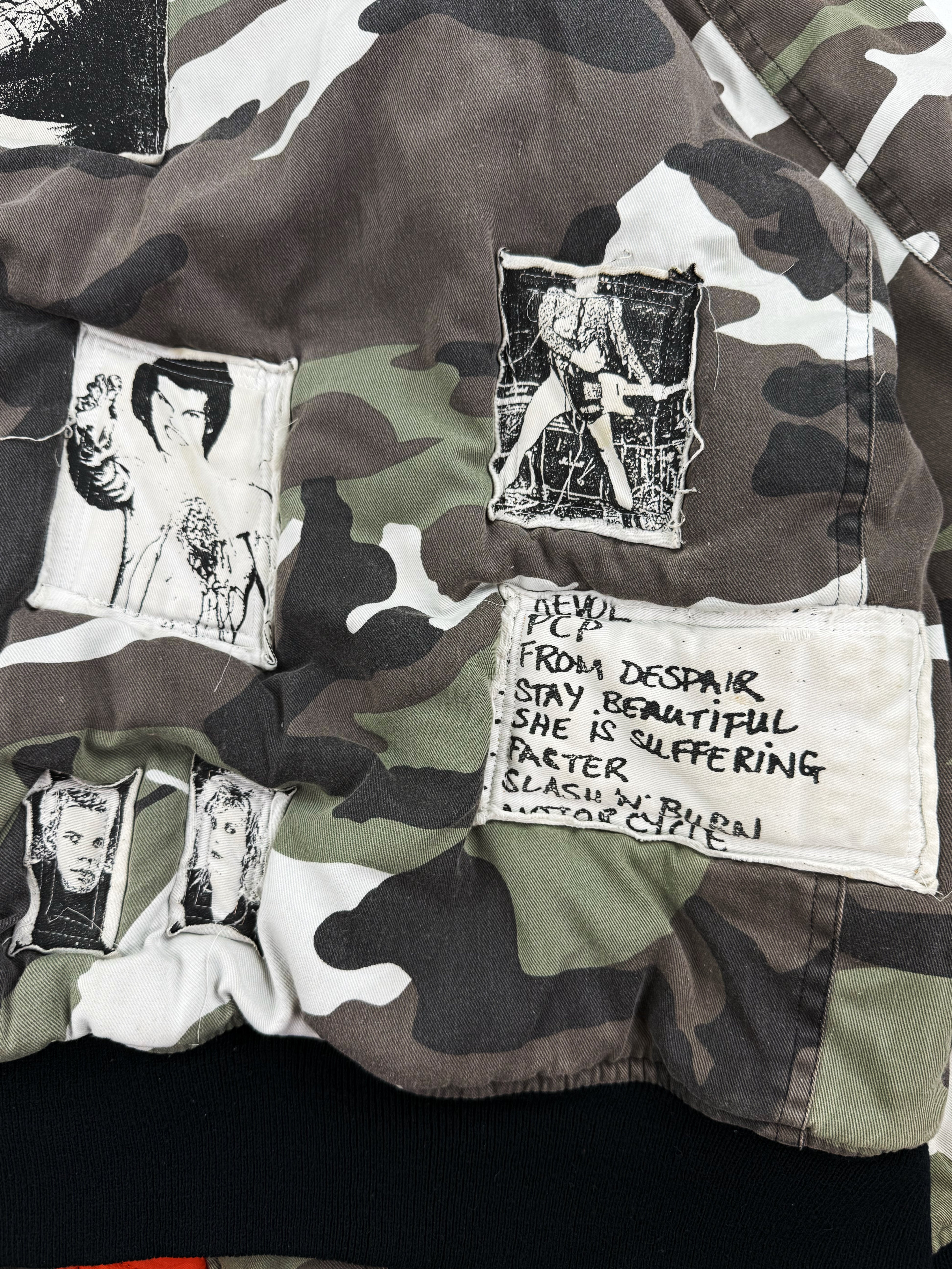 AW01 Raf Simons ‘Riot Riot Riot’ Snow Camouflage Patched Bomber Jacket