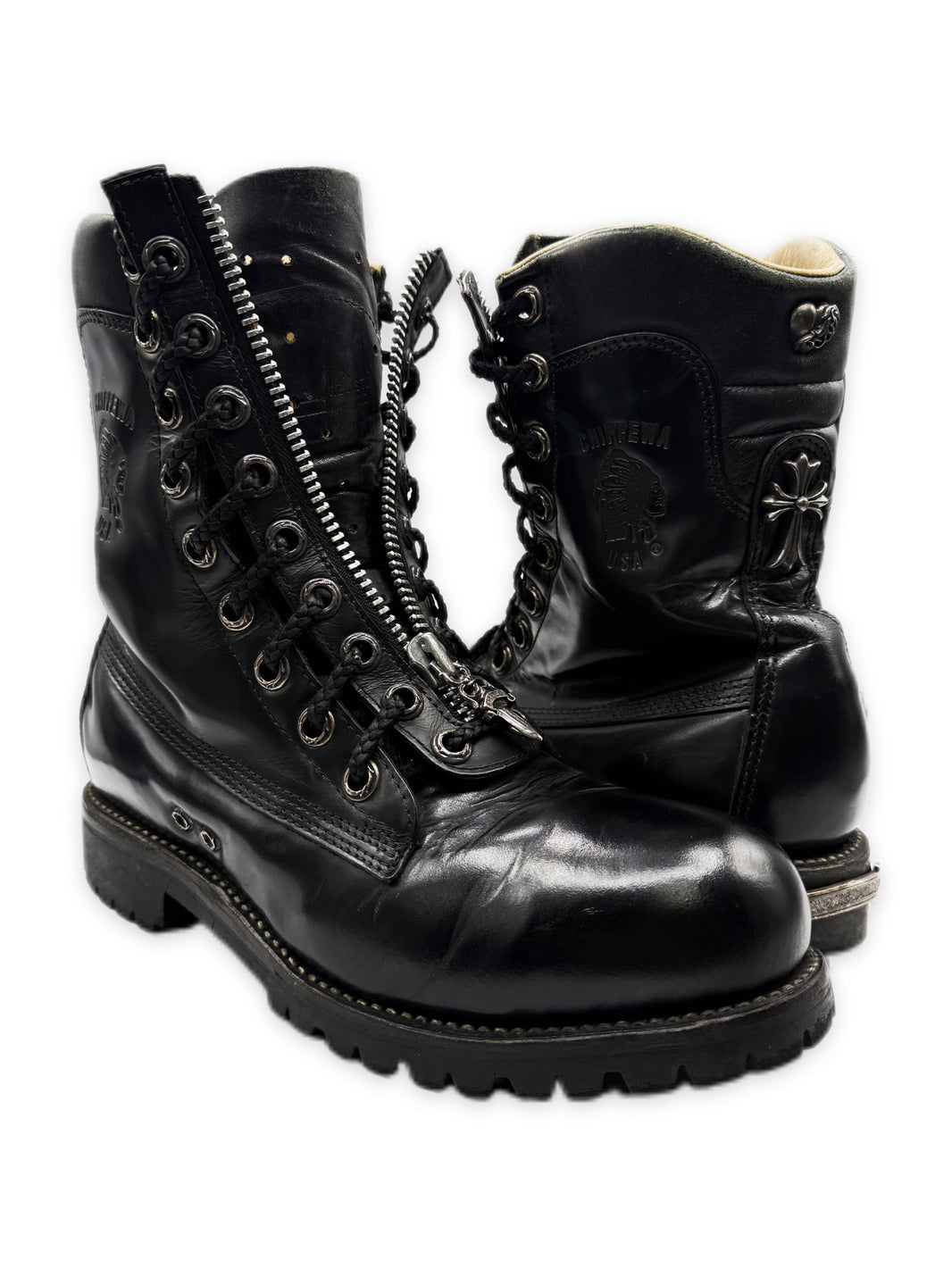 Chrome Hearts x Chippewa Fireman Dagger Zip Cross Heart Leather Boots