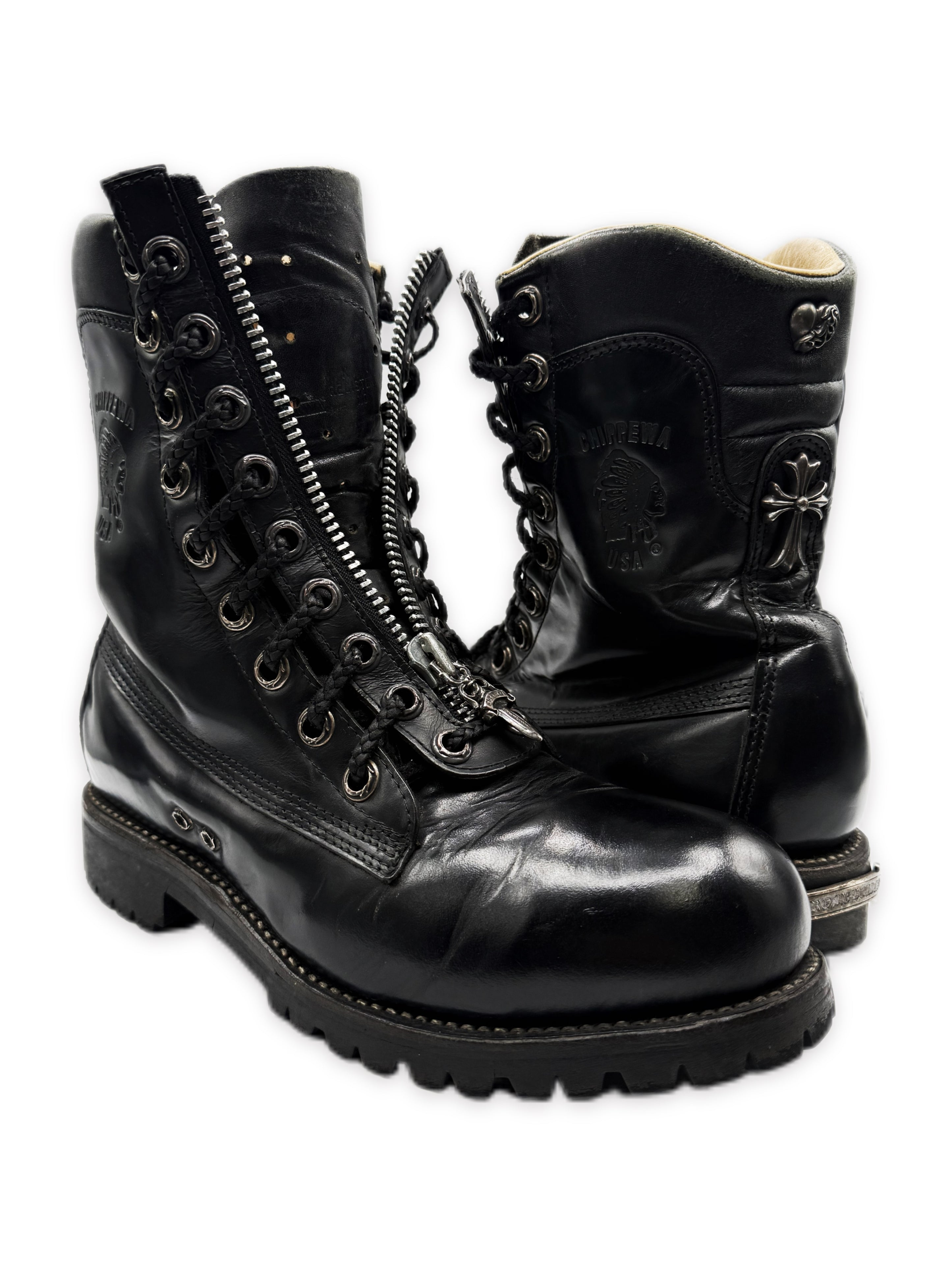 Chrome Hearts x Chippewa Fireman Dagger Zip Cross Heart Leather Boots