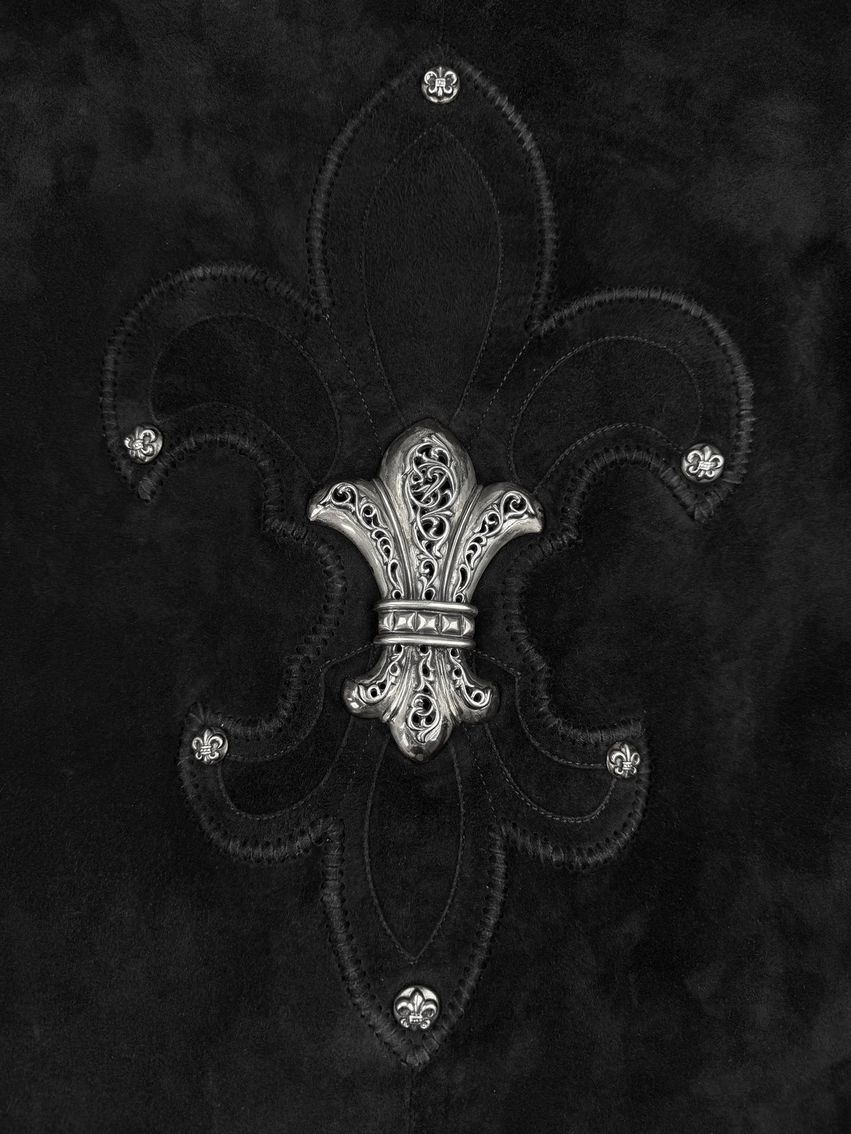 Chrome Hearts Fleur de Lis Silver Patch Hermes Lined Suede Jacket