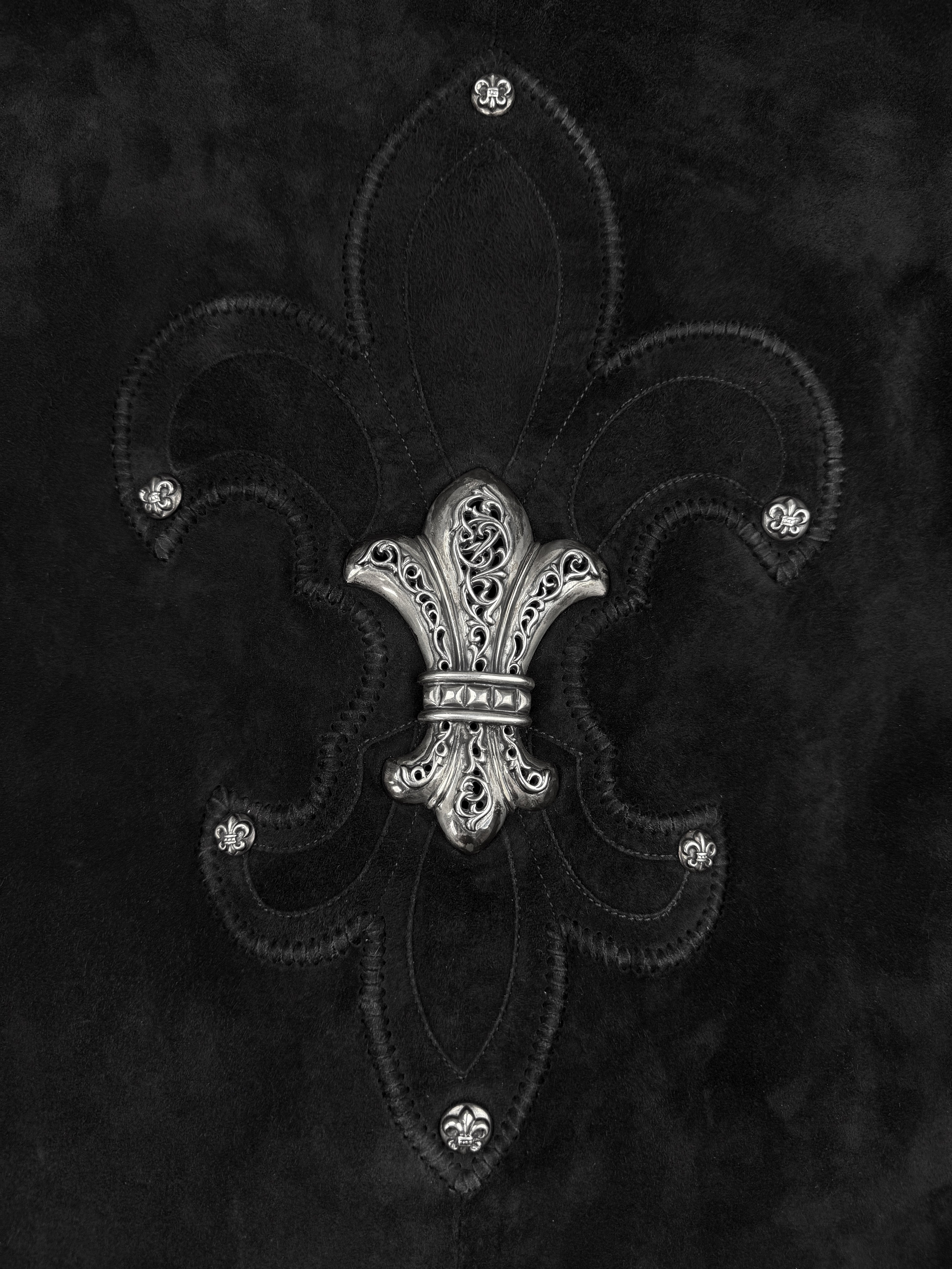 Chrome Hearts Fleur de Lis Silver Patch Hermes Lined Suede Jacket