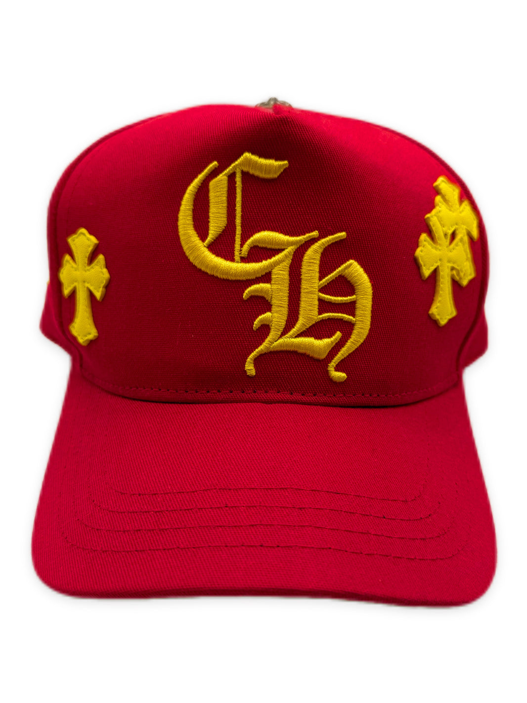 Chrome Hearts Yellow Cross Patch Leather CH Embroidered Red Snapback Hat