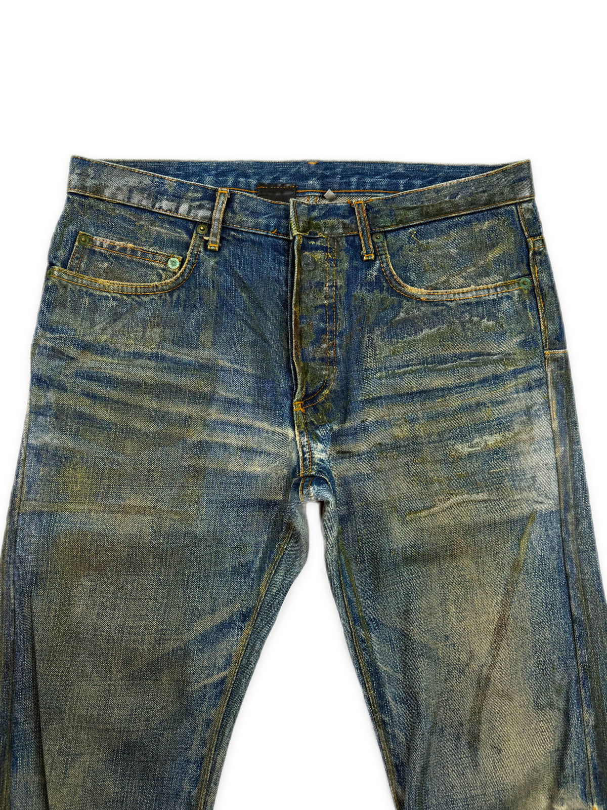 AW06 Dior Homme by Hedi Slimane ‘Luster’ Clawmark Waxed Blue Denim Jeans