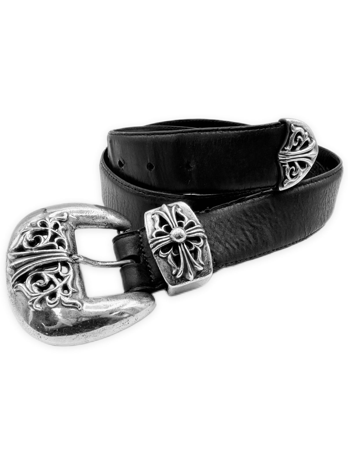 Chrome Hearts 3 Piece Western .925 Silver Black Leather Belt
