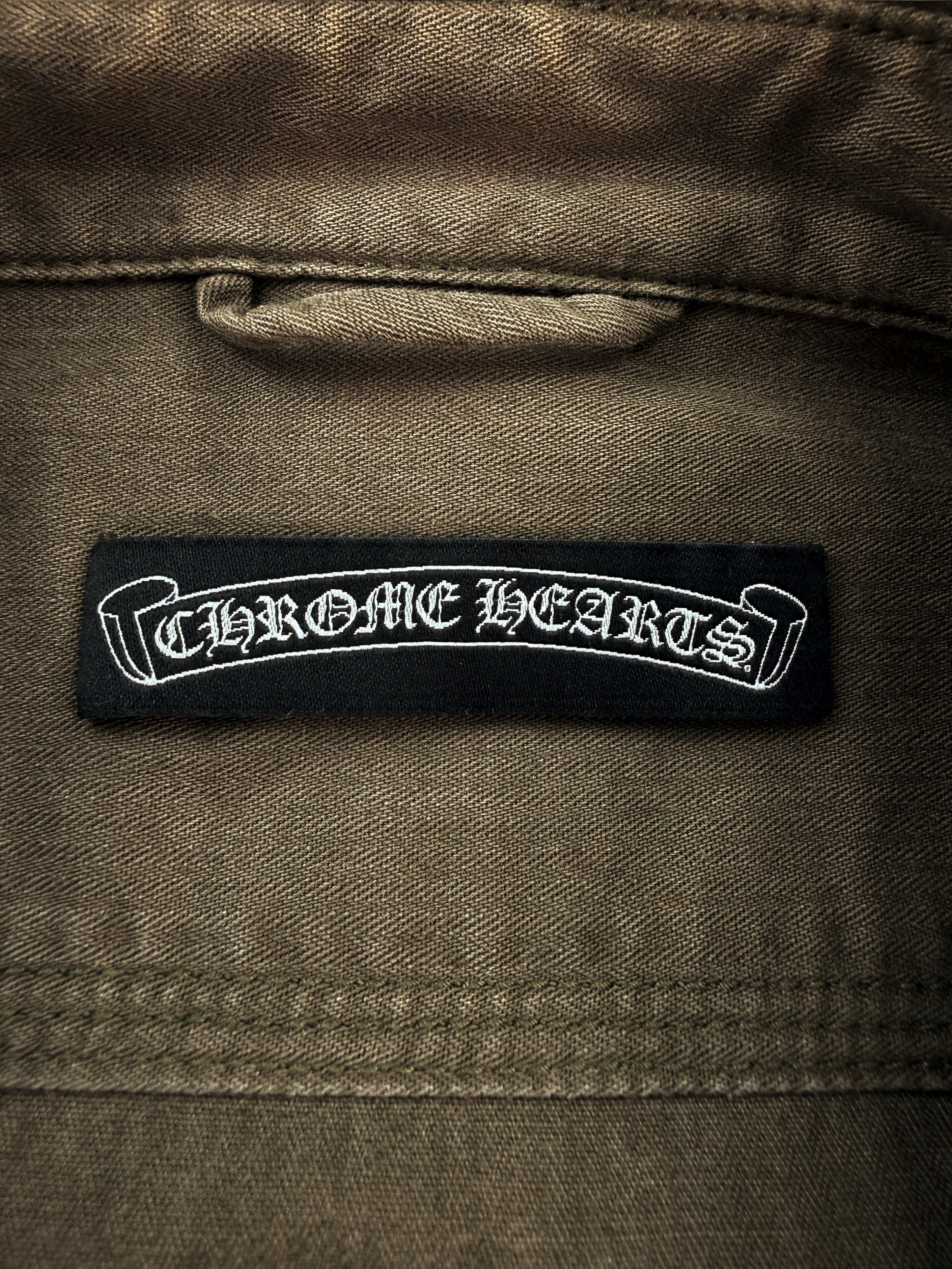 Chrome Hearts BS Fleur Leather Patch Olive Green Work Shirt