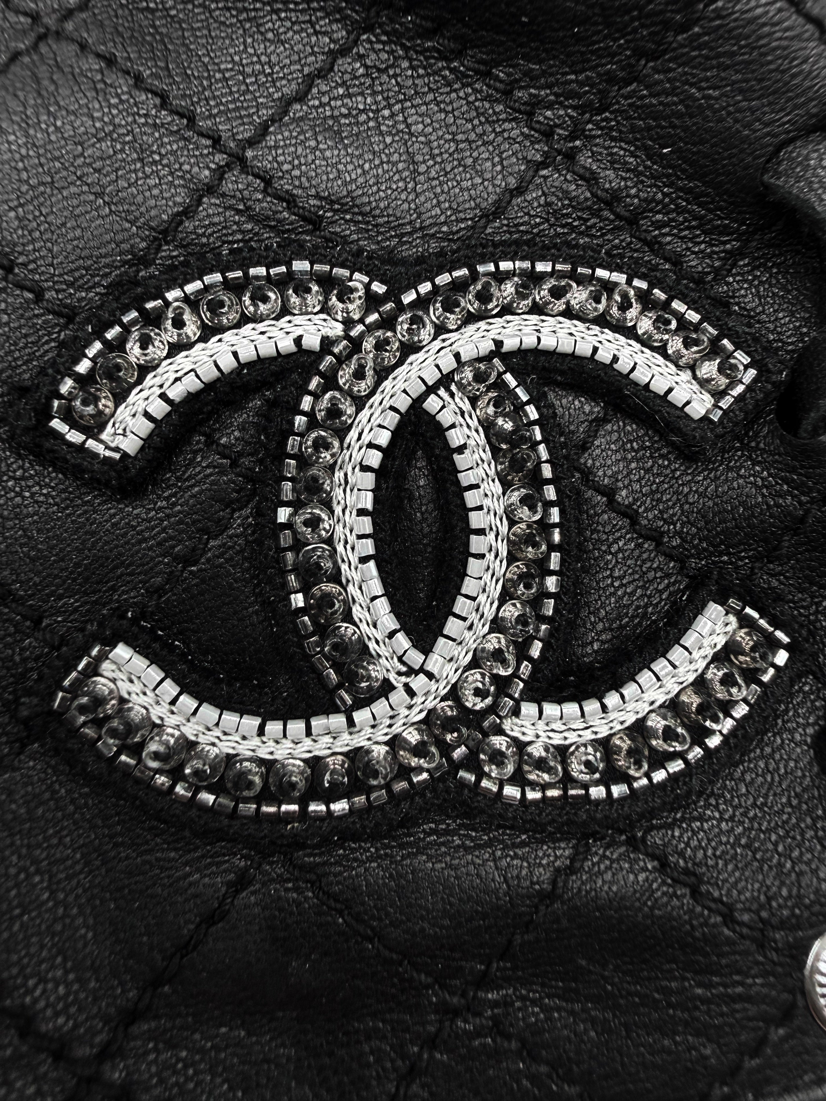 Chanel CC Logo Lambskin Perforated Fingerless Beaded Gloves