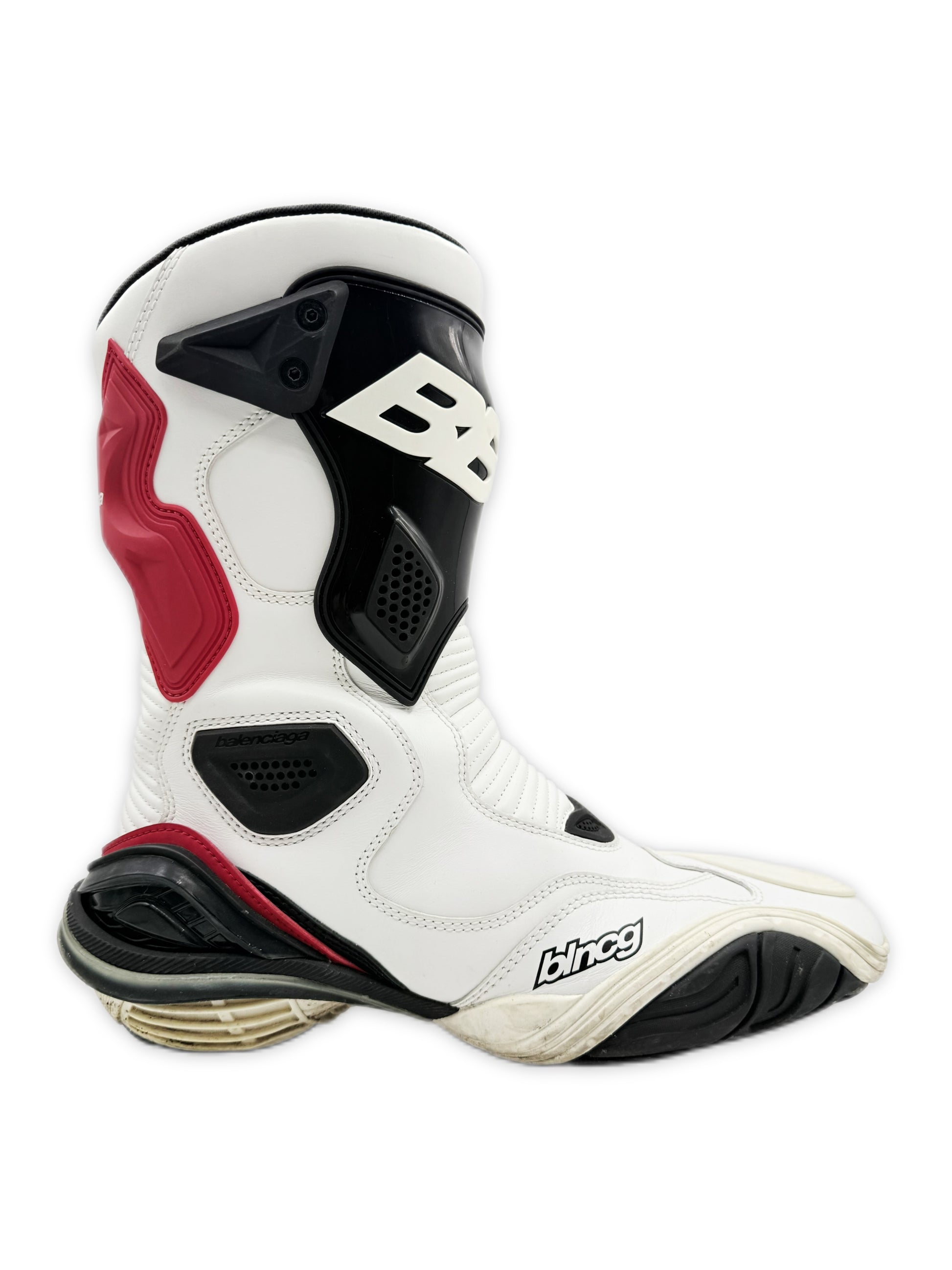 Balenciaga Tyrex White / Red Leather BB Logo Biker Boots