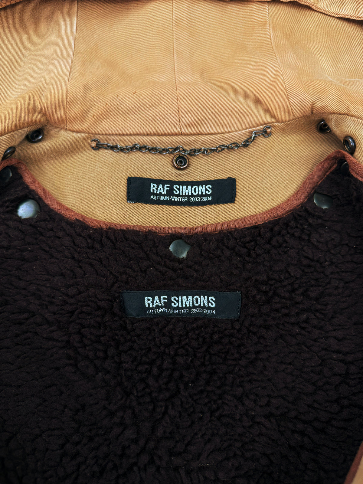AW03 Raf Simons PCL Closer Beige Shearling Lined Parka Jacket