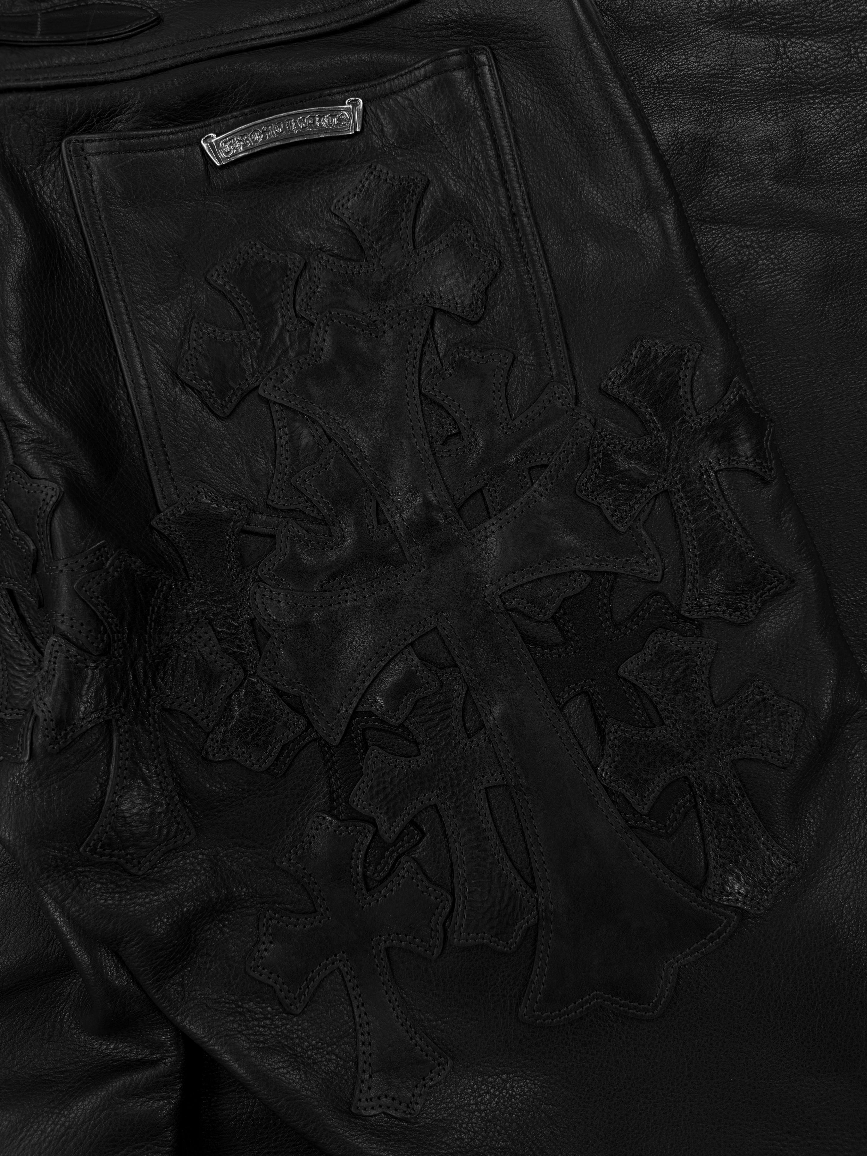 Chrome Hearts 30 Cross Patch Gunslinger Back Buckle Fleur Knee Leather Pants