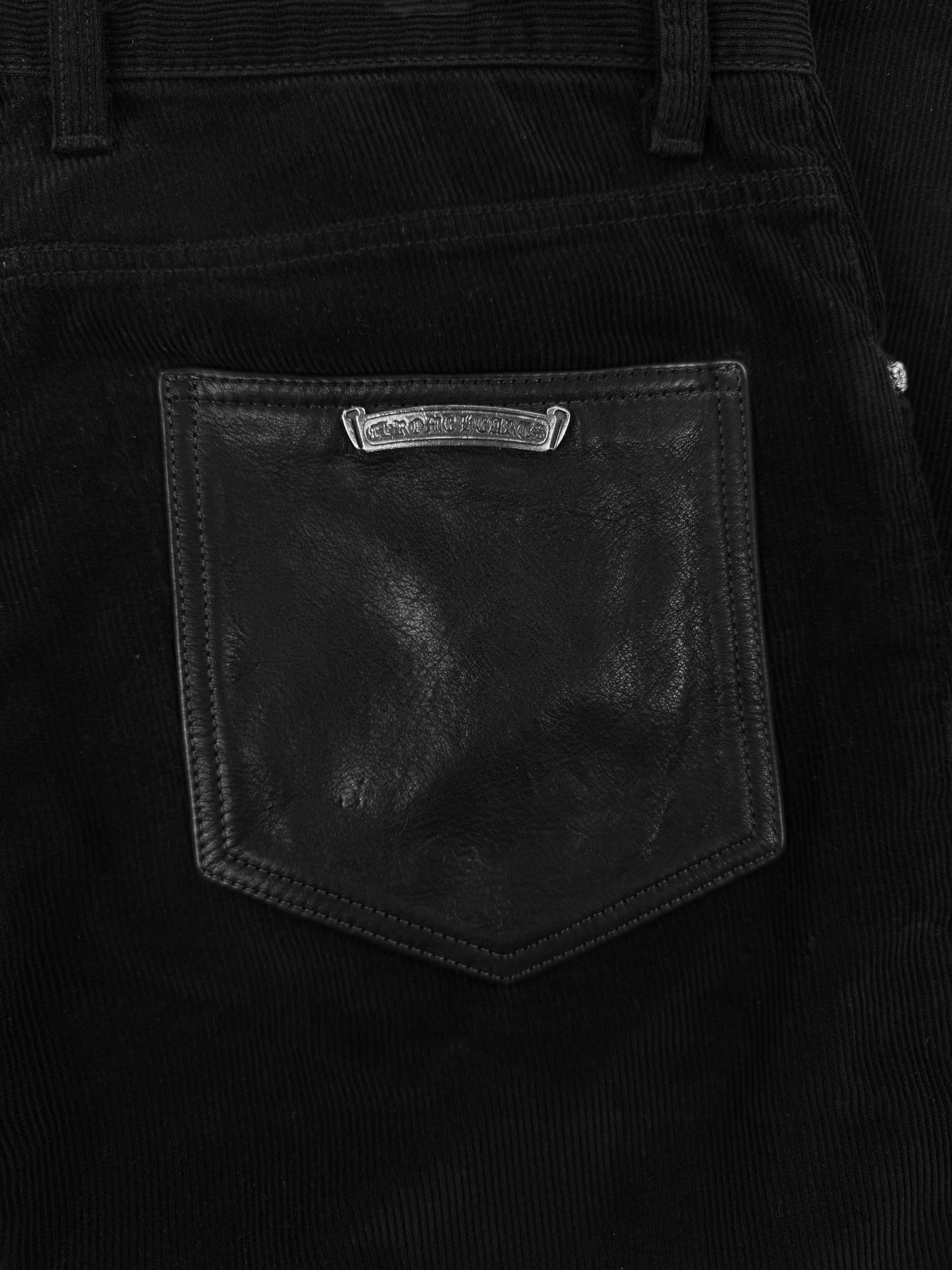 Chrome Hearts Flared Leather Pocket Corduroy Fleur Rivet Black Pants