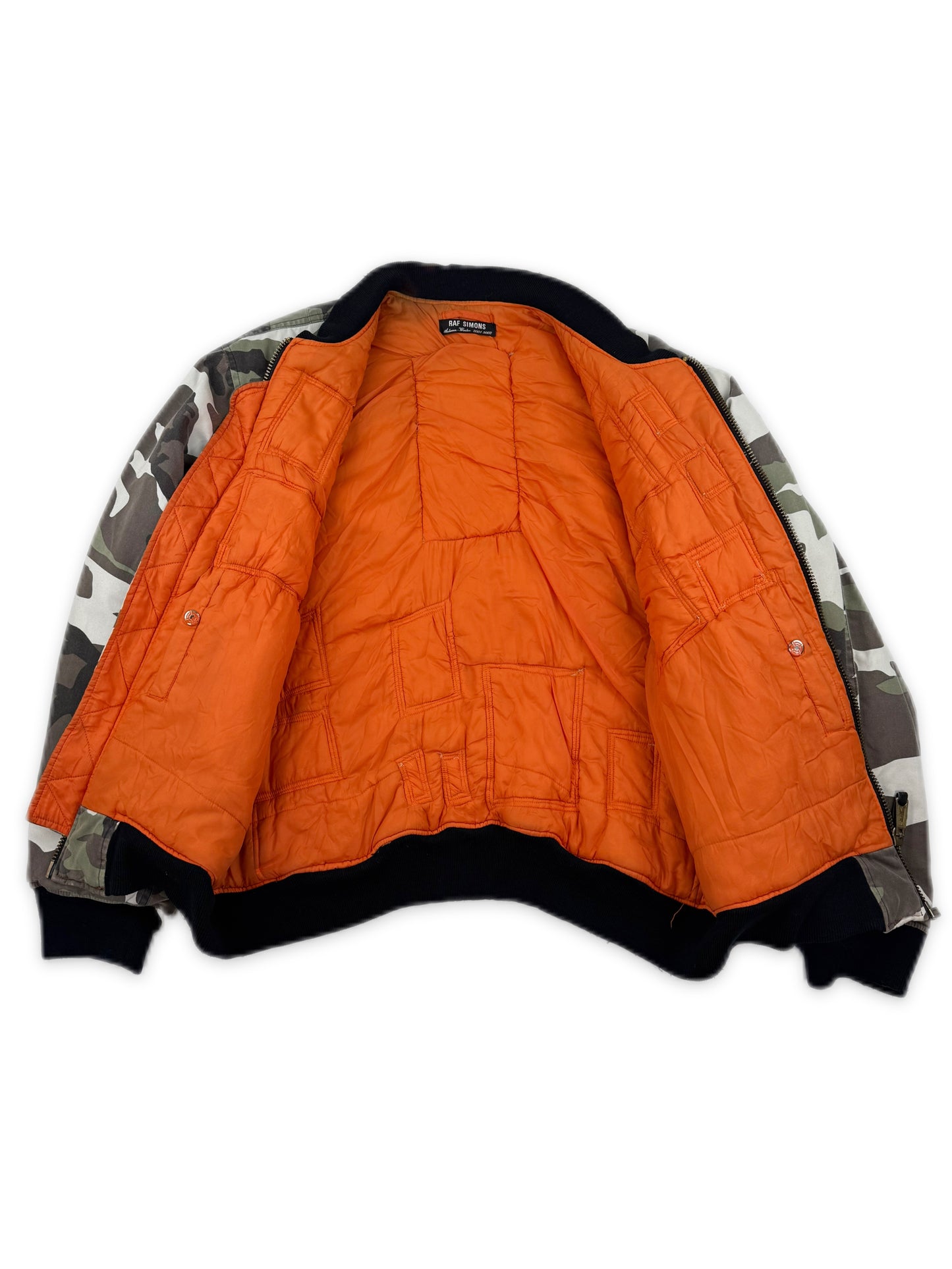 AW01 Raf Simons ‘Riot Riot Riot’ Snow Camouflage Patched Bomber Jacket